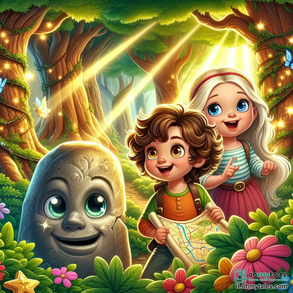In una foresta incantata, tre piccoli avventurieri si trovano insieme. Leo, un bambino di quattro anni con capelli ricci e un grande sorriso, tiene una mappa magica tra le mani, gli occhi brillanti di eccitazione. Alla sua destra, Mia, una ragazza dagli occhi blu come il cielo, con lunghi capelli biondi, guarda la mappa con curiosità, un sorriso gioioso sul volto. A sinistra, Sam, un ragazzo curioso con un cappello a forma di stella, si piega leggermente in avanti, pronto ad ascoltare le istruzioni di Leo. La foresta è piena di alberi maestosi e foglie verdi brillanti, mentre i raggi di sole filtrano tra il fogliame, creando riflessi dorati sul terreno. Fiori colorati e farfalle danzano attorno a loro, aggiungendo un tocco di magia all'ambiente. I tre amici si preparano a risolvere l'enigma della pietra parlante, un grande masso brillante con occhi e bocca, pronto a porre loro una sfida. L'atmosfera è carica di entusiasmo e avventura, mentre si apprestano a scoprire il tesoro nascosto dell'amicizia.