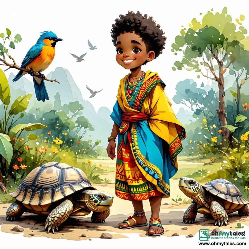Kofi, a young man around 20 years old with golden-brown skin and curly hair, wears a colorful traditional outfit with African patterns. His face shows curiosity and joy as he smiles while listening to the birds singing in the savanna. Next to him is Bobo, an elderly turtle with a shell adorned with natural designs, moving slowly on the ground. Bobo raises his head, his wise eyes shining with a friendly glow as he shares his wisdom with Kofi. The setting is a vast golden savanna dotted with tall grasses and colorful flowers under a bright blue sky where vibrant-feathered birds fly. In the distance, majestic acacias add a touch of greenery to the sunny landscape. The main scene shows Kofi and Bobo sitting together on a rock, surrounded by the beauty of nature, as Kofi attentively listens to Bobo's advice on joy and wisdom, creating a magical moment of learning and friendship.