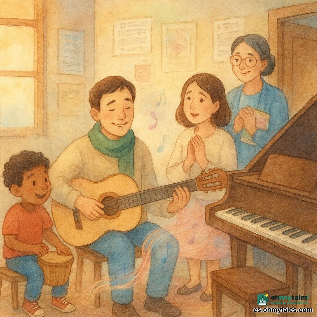 Un hombre, Manuel, sonriente y emocionado, con la mano sobre una guitarra de madera clara, postura atenta, cabello castaño corto y bufanda verde con una nota bordada, sentado junto a un piano de cola abierto; una mujer, Clara, unos 30 años, rostro luminoso y ojos húmedos de gratitud, de pie a la derecha con las manos sobre el pecho mirando la música; Rosa, profesora de unos 55 años, cabello entrecano recogido, gafas y cuaderno de partituras coloridas bajo el brazo, sonriendo junto a una puerta detrás del piano; un niño de unos 8 años con zapatillas rojas marcando el ritmo en una pequeña caja de madera a la izquierda; ambiente de pequeño conservatorio cálido con paredes de madera y partituras, grandes ventanas que dejan entrar luz dorada de tarde, alfombra gastada y sillas dispersas; la melodía une a los personajes en una escena íntima y luminosa con notas visibles en volutas acuareladas saliendo de la guitarra y el piano, tonos pastel cálidos y texturas difuminadas propias de la acuarela.