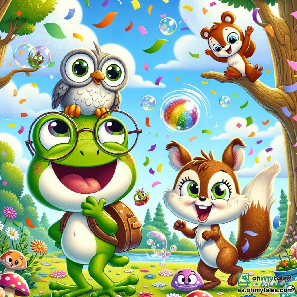 Rufus, una pequeña rana verde con grandes ojos redondos y gafas, se ríe a carcajadas con las patas levantadas, al lado de su máquina de reír que está rebosante de confeti de colores. A su lado, Sara, una adorable ardilla de pelaje marrón y ojos brillantes, salta alegremente tratando de atrapar burbujas de jabón que flotan a su alrededor. Simón, un sabio búho de plumas grises y gafas redondas, está posado en una rama, riendo mientras observa el divertido caos que ocurre debajo. La escena tiene lugar en un claro encantado del bosque, rodeado de majestuosos árboles con hojas brillantes y flores coloridas que bailan al ritmo del viento. El cielo es de un azul radiante, salpicado de algunas nubes blancas esponjosas, y un arcoíris brilla sobre la fiesta. La situación principal muestra a Rufus y sus amigos en plena celebración, rodeados de confeti y burbujas, riendo y divirtiéndose juntos, creando un ambiente alegre y mágico.