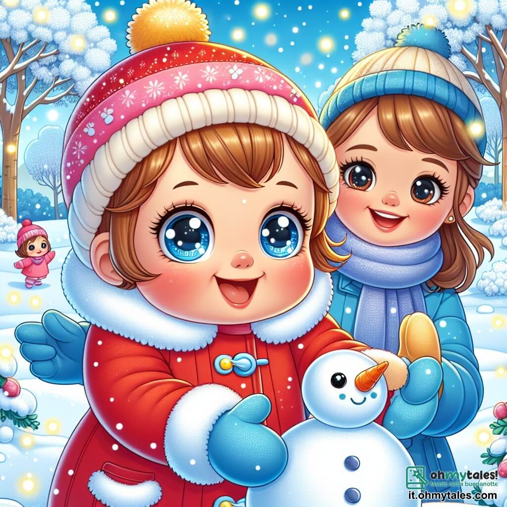 Una bambina di un anno, con grandi occhi brillanti e guance rosa, indossa un bel cappotto rosso, guanti blu e un berretto giallo. Ride gioiosamente mentre gioca nella neve, le sue piccole mani illuminate dalla felicità mentre forma una palla di neve. Accanto a lei, la mamma, una donna di circa trent'anni con capelli castani raccolti in uno chignon e un cappotto blu, sorride mentre lancia una palla di neve, incoraggiando la figlia a continuare a giocare. Il luogo è un parco invernale, con alberi coperti di neve scintillante e fiocchi che cadono dolcemente da un cielo azzurro. Il terreno è completamente bianco, creando un paesaggio incantevole. La scena principale mostra la bambina e la mamma mentre costruiscono un grande pupazzo di neve, con una carota per il naso e sassi per gli occhi, ridendo insieme e condividendo un momento di gioia in questo scenario invernale magico.