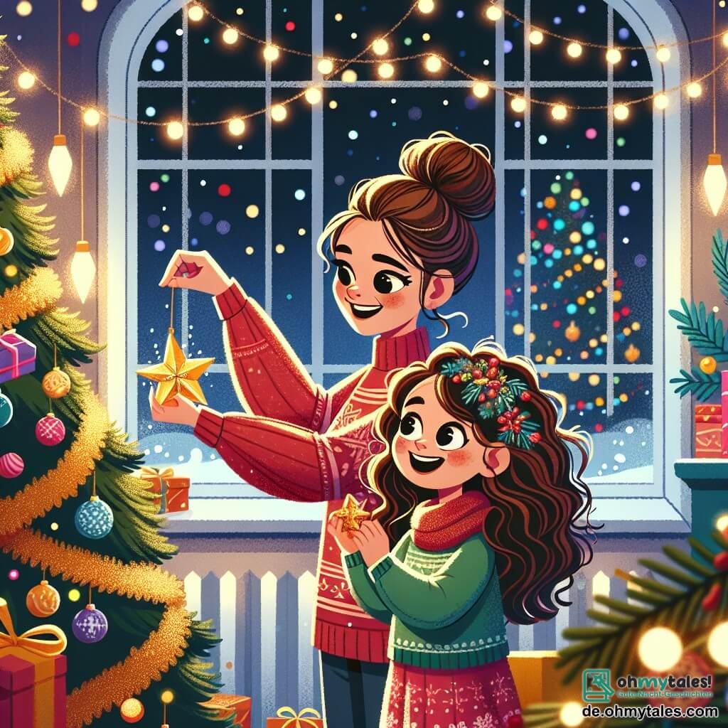 Ein 5-jähriges Mädchen mit langen, lockigen braunen Haaren und großen, funkelnden Augen dekoriert einen wunderschönen Weihnachtsbaum. Sie lächelt begeistert und hält eine goldene Stern-Weihnachtskugel in den Händen. Neben ihr steht ihre Mutter, eine Frau in ihren dreißigern mit braunen, hochgesteckten Haaren und einem festlichen roten Pullover, die ihr hilft, glitzernde Girlanden an den Ästen des Baumes zu befestigen. Der Raum ist warm und gemütlich, gefüllt mit bunten Lichtern und Weihnachtsdekorationen. Ein großer Baum steht im Mittelpunkt, umgeben von schön verpackten Geschenken. Durch das Fenster sieht man sanft fallende Schneeflocken, die eine magische Atmosphäre schaffen. Die Hauptsituation zeigt das Mädchen und ihre Mutter, die einen fröhlichen Moment teilen, lachen und sich über die Dekorationen freuen, während der süße Duft von Weihnachtsplätzchen in der Luft liegt.