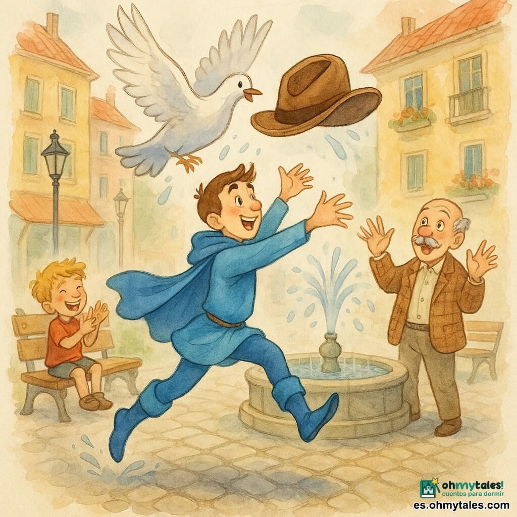 Un joven llamado Leo, sonriente y travieso, pelo castaño corto, capa y botas azul vivo, salta en arco para atrapar un sombrero que una paloma blanca con algunas plumas grises sostiene con el pico; un hombre mayor de unos 65 años, bigotudo y con chaqueta a cuadros marrón, mira sorprendido con las manos levantadas junto a una fuente redonda en una pequeña plaza empedrada con bancos y edificios coloridos, mientras un niño de 6 años de pelo rubio y camisa roja aplaude sentado en un banco; escena cómica y dinámica con sombrero y plumas en movimiento, risas, salpicaduras de agua que acentúan el movimiento.