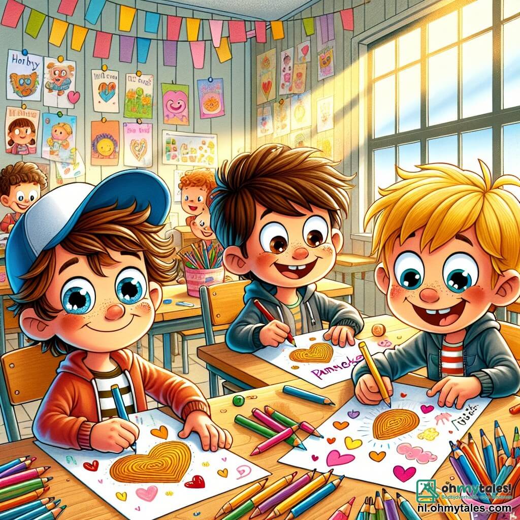 In een heldere en kleurrijke klaslokaal zitten drie jongens rond een houten tafel. Timmy, een 5-jarig jongetje met wild bruin haar en sprankelende ogen, houdt een papier vast versierd met tekeningen van pannenkoeken en harten. Rechts van hem zit Max, een 6-jarige jongen met een achterstevoren blauwe pet, die glimlacht terwijl hij zijn eigen creatie met een grappig gezicht laat zien. Links zit Sam, een 5-jarige jongen met blond haar en ronde bril, die enthousiast op een papier vol felle kleuren schrijft. De ruimte is gevuld met zonlicht dat door grote ramen naar binnen stroomt, en verlicht kleurrijke posters aan de muren. Kleurpotloden, stiften en vellen papier liggen verspreid over de tafel, wat een vrolijke en creatieve sfeer creëert. De jongens zijn bezig met het maken van brieven voor Moederdag, waarbij ieder zijn liefde voor zijn mama uitdrukt met tekeningen en lieve woorden. De sfeer is vol gelach en opwinding, terwijl ze hun ideeën delen en elkaar helpen om de mooiste verrassingen voor hun mama's te maken.