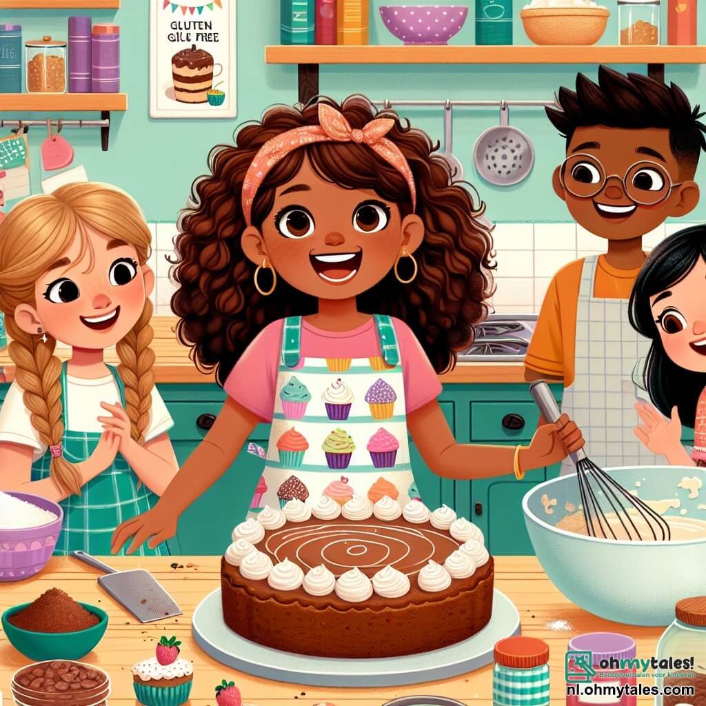 Luna, een negenjarig meisje met prachtige krullende haren en een stralende glimlach, staat in het midden van de keuken, omringd door haar vrienden. Ze draagt een kleurr apron met cupcakes. Rechts van haar kijkt Sam, een jongen met bruin haar en een bril, nieuwsgierig naar een grote kom met cakebeslag. Links van haar houdt Mia, een meisje met gevlochten blond haar, een spatel vast en lacht vrolijk, terwijl Noor, een ander meisje met roze brillen en zwart haar, aandachtig naar een taart in de oven kijkt. De keuken is licht en uitnodigend, met pastelgele muren en planken vol kookboeken en kleurrijke specerijpotten. Een groot houten aanrecht is bedekt met ingrediënten: bloem, cacao, eieren en taartdecoraties. Luna en haar vrienden bereiden samen een heerlijke glutenvrije chocoladetaart, wat laat zien dat je plezier kunt hebben en samen kunt koken, zelfs met voedseluitdagingen.