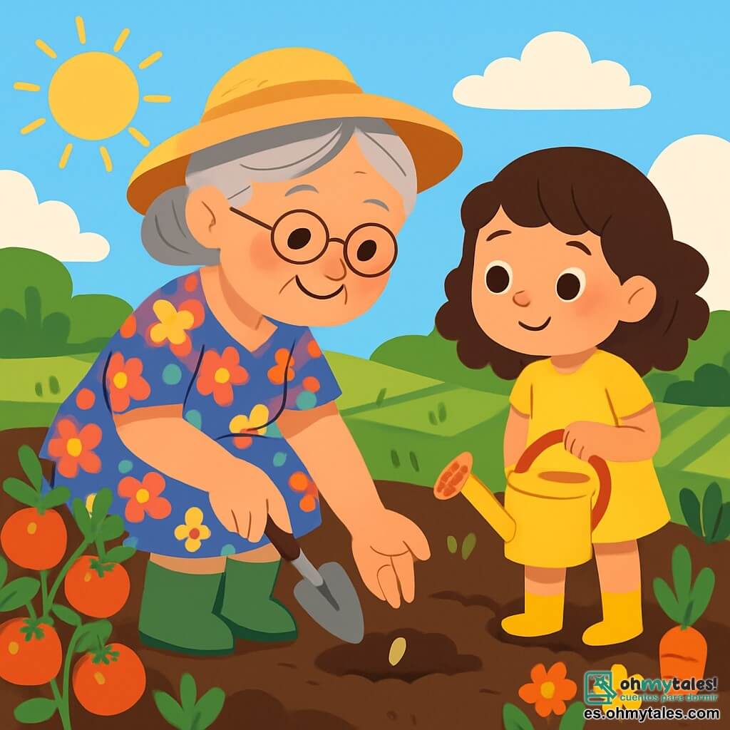 Una mujer mayor, la abuela Rosa, sonriente y dulce, con cabello gris recogido en un moño y un sombrero de paja, está agachada en un jardín soleado. Lleva un vestido de flores coloridas y botas de goma. Sostiene una pequeña pala y planta una semilla en la tierra rica y marrón, con una expresión de alegría y ternura en su rostro. A su lado, su nieta Martina, una niña de 6 años, con cabello castaño y rizado, vestida con un vestido amarillo brillante, observa atentamente. Tiene ojos brillantes de curiosidad y sostiene un pequeño regador de plástico, lista para regar las plantas. El jardín está lleno de verduras coloridas: tomates rojos, zanahorias naranjas y flores vibrantes, bajo un cielo azul claro salpicado de nubes blancas. Filas de plantas bien alineadas se extienden hasta donde alcanza la vista, creando un cuadro vivo y alegre. La escena principal muestra a la abuela y su nieta plantando una semilla juntas, compartiendo un momento de complicidad y aprendizaje, rodeadas por la belleza de la naturaleza y el calor del sol.