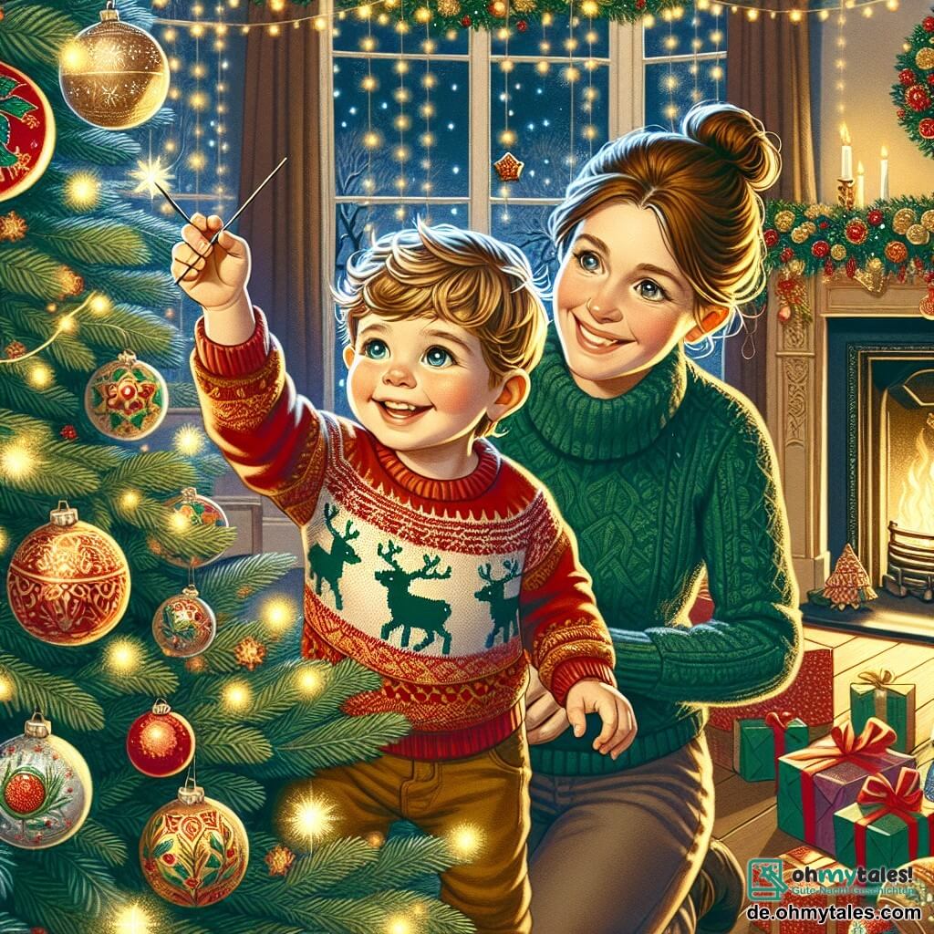 Ein einjähriger Junge mit großen, strahlenden Augen und einem breiten Lächeln schmückt einen Weihnachtsbaum. Er trägt einen roten Pullover mit Rentiermotiven und eine Weihnachtsmütze. Seine kleinen Hände reichen eine glänzende Weihnachtskugel zu einem Ast des Baumes. Neben ihm sitzt seine Mutter, eine etwa 30-jährige Frau mit braunen, zu einem Dutt gebundenen Haaren. Sie lächelt liebevoll, während sie ihm hilft, die Dekorationen aufzuhängen. Sie trägt einen festlichen grünen Pullover und kniet sich neben den Baum, umgeben von glitzernden Girlanden. Der Raum ist warm und voller funkelnder Lichter und bunter Dekorationen. Der majestätische Baum ist mit roten, grünen und goldenen Kugeln geschmückt und hat einen glänzenden Stern an der Spitze. Wunderschön verpackte Geschenke liegen um den Baum, und ein Kamin knistert sanft im Hintergrund. Die Hauptsituation zeigt den kleinen Jungen und seine Mutter, die gemeinsam die Magie von Weihnachten feiern, voller Freude und Aufregung, während sie zusammen ihren Baum dekorieren und unvergessliche Erinnerungen schaffen.