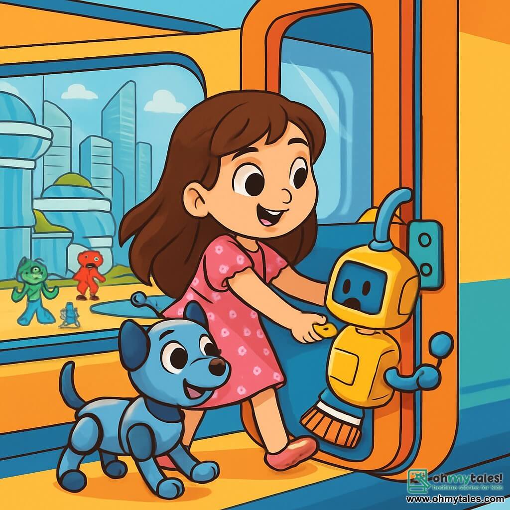 A 6-year-old girl named Maya, with long brown hair and sparkling curious eyes, joyfully stands in a floating train. She wears a pink polka dot dress and shiny shoes, her face expressing excitement and determination. Beside her is a small robot dog, Zippy, with a shiny metal body and bright eyes, wagging its tail enthusiastically. The train is decorated in vibrant colors, with panoramic windows offering a view of a futuristic city below, filled with sparkling glass buildings and hanging gardens. Colorful robots bustle in the streets, assisting passersby. The main scene shows Maya and Zippy helping a small cleaning robot stuck in the train door. Maya gently pulls on the robot while Zippy presses a button with his nose, creating an atmosphere of teamwork and camaraderie in this futuristic world.