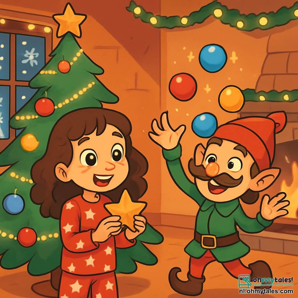 Een 10-jarig meisje, Mila, met grote glanzende ogen en krullend kastanjebruin haar, glimlacht verwonderd terwijl ze voor een prachtige kerstboom staat, versierd met fonkelende slingers en kleurrijke ballen. Ze draagt een rode pyjama met witte sterren en houdt een kleine gouden ster in haar handen, klaar om deze bovenop de boom te plaatsen. Naast haar staat een ondeugende elf genaamd Pippin, met een klein postuur, een ondeugend gezicht en een grote snor, die een heldergroene jas en een rode muts met pompon draagt. Hij jongleert met kerstballen die schitteren, terwijl hij vrolijk lacht. De setting is een warme woonkamer, met muren versierd met lichtslingers en een stenen open haard waar een zacht vuurtje knettert. Buitenshuis vallen sneeuwvlokken zachtjes naar beneden door een raam versierd met kerststickers. De hoofdscène toont Mila en Pippin midden in een feestelijk avontuur, omringd door magie, terwijl ze samen de boom versieren en verrassingen voor Kerstmis voorbereiden, vol vreugde en gelach.