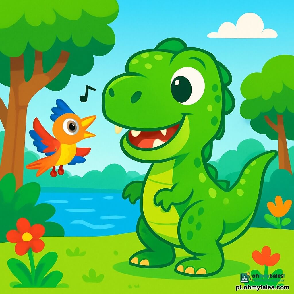 Um Tyrannosaurus Rex chamado Titi, com pele verde brilhante e escamas reluzentes, está alegremente à beira de um lago cintilante. Seus grandes olhos redondos estão cheios de excitação e um largo sorriso revela seus pequenos dentes. Ao lado dele, um pequeno pássaro-dinossauro de penas multicoloridas, com um ar curioso, voa ao redor de Titi, cantando alegremente. Ao fundo, uma floresta exuberante com árvores gigantes de folhas verdes e flores vibrantes se estende sob um céu azul claro. Titi, pronto para a aventura, olha para o lago sonhando com jogos e descobertas.
