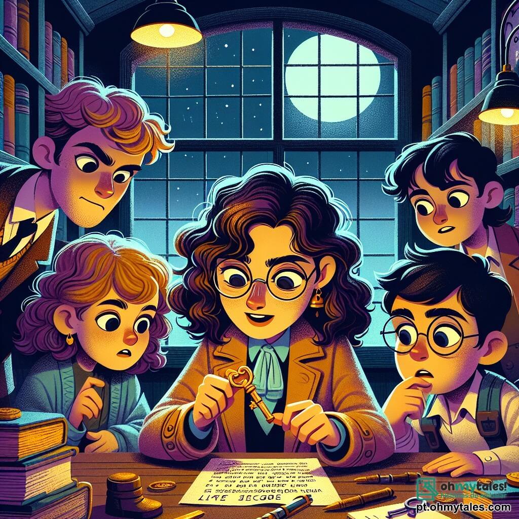 Clara Mendes, uma detetive de cerca de trinta anos, com cabelos castanhos ondulados e óculos redondos, exibe uma expressão de concentração e excitação enquanto examina uma chave dourada que acabou de encontrar. Ao seu lado, Lucas, um garoto de 10 anos com cabelos loiros bagunçados, observa com olhos arregalados, segurando um pedaço de papel com uma charada. Rita, uma menina de 11 anos com tranças negras, se inclina para frente, curiosa, enquanto Tomás, um garoto de 12 anos com óculos quadrados, faz anotações em um caderno. A cena ocorre em uma biblioteca antiga, com grandes estantes de madeira cheias de livros coloridos, luzes suaves criando uma atmosfera misteriosa, e uma janela permitindo a entrada da luz da lua. A situação principal mostra Clara e as crianças descobrindo juntos um passagem secreta atrás de uma estante, cercados por uma atmosfera de aventura e mistério, prontos para resolver o enigma dos livros desaparecidos.