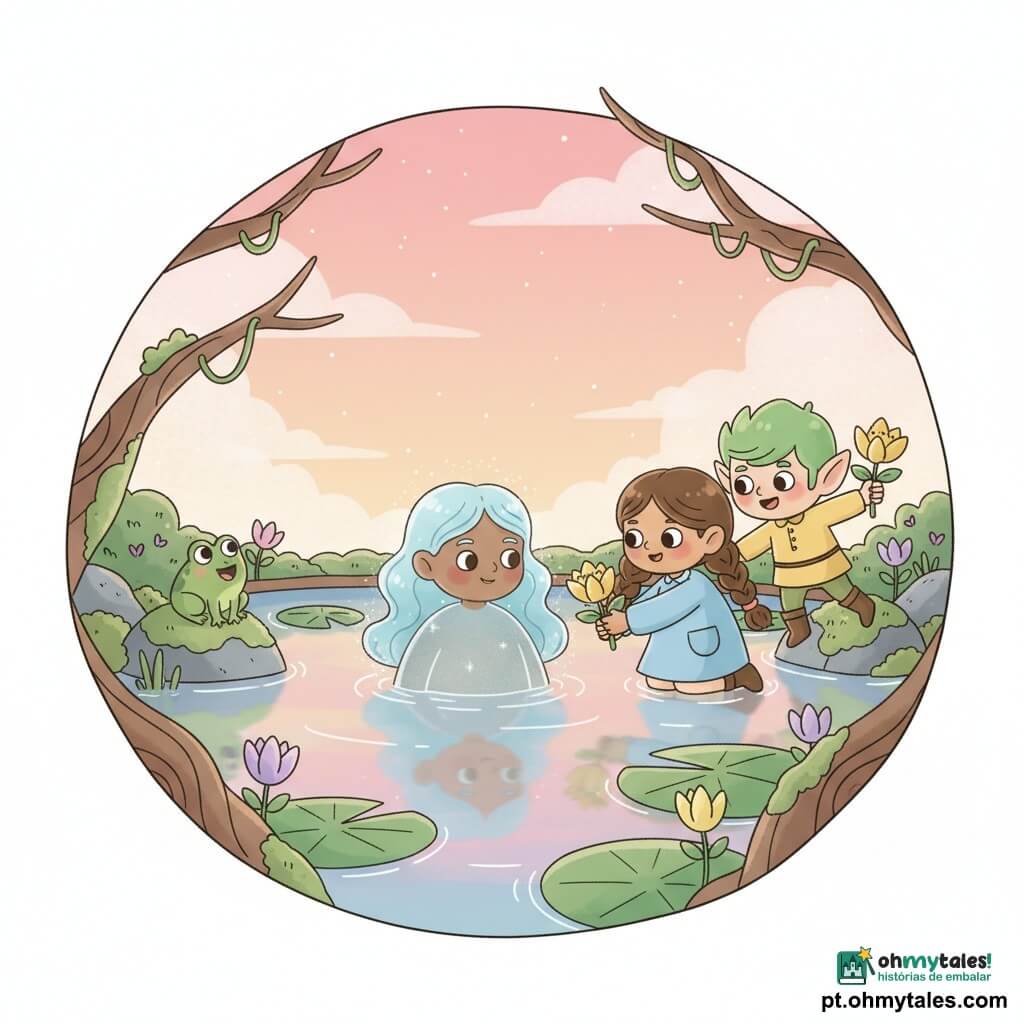 Pequeno duende masculino sorridente de cabelos verdes em mechas, orelhas pontiagudas, pele clara, túnica amarela e botas marrons, segurando uma flor dourada brilhante na mão direita e saltando junto à beira de uma lagoa; Lila, menina de ~7 anos, cabelos castanhos em tranças, vestido azul claro com bolsos, olhos grandes e curiosos, ajoelhada ao lado do duende estendendo a flor para a água com o rosto maravilhado; Dona Água, guardiã da água, mulher translúcida de cabelos azuis ondulados e olhos suaves, emergindo do centro da lagoa com luz prateada; um pequeno sapo verde em uma pedra coberta de musgo à esquerda coaxando; lagoa encantada ao crepúsculo com água calma refletindo céu rosa-alaranjado, nenúfares, flores fosforesentes amarelas e roxas, galhos retorcidos com musgo e névoa cintilante; cena centrada na lagoa com os personagens próximos, oferecendo a flor dourada à guardiã num clima de descoberta e alegria, cores suaves e iluminação quente.