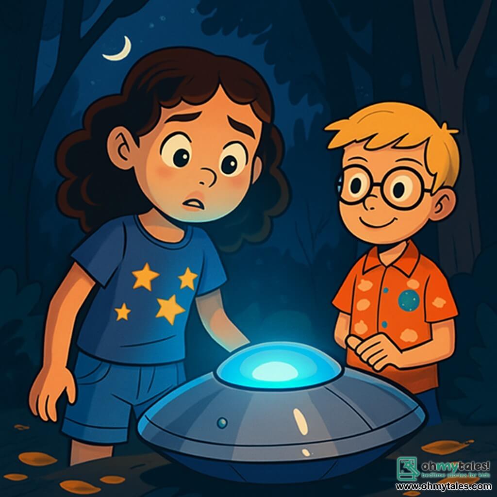 A 10-year-old girl named Stella, with curly brown hair and sparkling curious eyes, stands next to a mysterious shiny metallic object, her face illuminated by a blue glow. She wears a star-patterned t-shirt and denim shorts, her expression a mix of wonder and slight concern. Nearby, Leo, a 10-year-old boy with blonde hair and round glasses, watches Stella with an enigmatic smile, his eyes sparkling with excitement. He is dressed in a planet-patterned shirt and stands slightly back, as if keeping a secret. The scene takes place in a dark, mysterious forest where majestic trees reach up to the starry sky, and the ground is covered with golden leaves. Moonlight filters through the branches, creating dancing shadows around them. Stella and Leo discover a strange extraterrestrial object emitting a pulsating blue glow while standing in the darkness, captivated by the surrounding mystery.