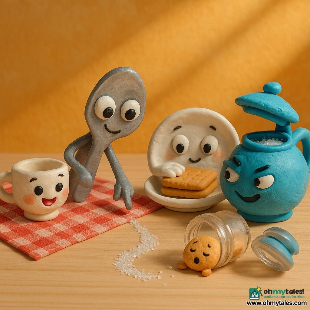 A shiny metal spoon turned into a character with big round black eyes, a curious smile, leaning forward as if tracking something, one hand pointing at the floor; a small round porcelain cup with painted rosy cheeks and an excited expression to the spoon’s left; a flat white plate with gentle worried eyes near stacked cookies, one hand on a cookie as if protecting; a tiny chubby cookie crumb with a sleepy yawning face lying by a glass cookie jar; a round blue teapot with its lid ajar and a mischievous look, white sugar grains sparkling inside; light wood table with a red-checkered cloth, warm diagonal sunlight, a transparent cookie jar and a trail of sparkling sugar grains leading to the open teapot; main scene: all characters follow the sugar trail to the teapot, joyful atmosphere, bright colors and visible clay-like textures, simple centered composition for toddlers