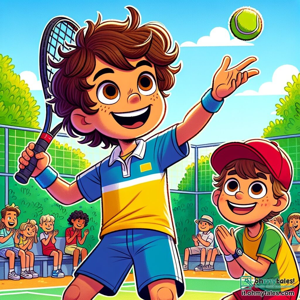 Un ragazzo di 12 anni, Marco, è al centro dell'immagine, con capelli castani disordinati e un grande sorriso sul volto, esprimendo gioia e determinazione. Indossa un abbigliamento da tennis colorato, con pantaloni corti blu e una maglietta gialla, tenendo una racchetta da tennis in una mano e una pallina nell'altra, pronto a servire. Accanto a lui, il suo amico Luca, anch'egli di 12 anni, ha capelli castani e indossa un cappellino rosso. Lo incoraggia con entusiasmo, alzando le braccia in segno di sostegno. Lo sfondo è un campo da tennis all'aperto, circondato da alberi verdi e un cielo blu brillante, con spettatori seduti su panchine che applaudono. La scena principale mostra Marco pronto a servire la pallina per un importante match, con un'espressione di concentrazione sul volto, mentre l'eccitazione e l'energia del torneo si diffondono nell'aria.