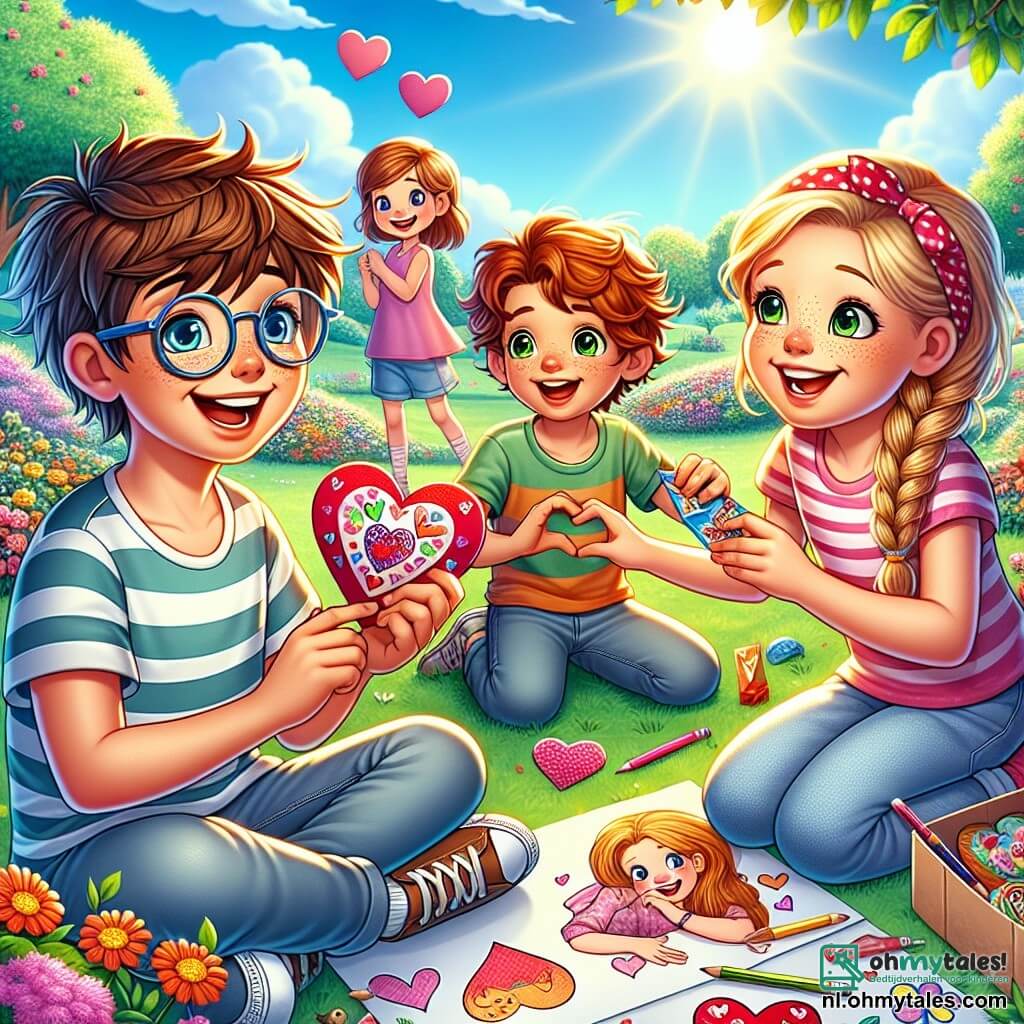 In een zonnig park zijn vier kinderen samengekomen om Valentijnsdag te vieren. Tim, een tienjarig jongetje met rommelig bruin haar en een bril, zit op het gras met een grote glimlach en houdt een versierd papieren hart vast. Sofie, een negenjarig meisje met lang blond haar en sprankelende ogen, staat voor hem met haar handen op haar hart, verwonderd door de verrassing. Emma, een tienjarig meisje met rood haar en vlechten, staat naast Tim en tekent kleurrijke harten op een groot papier. Luuk, een negenjarig jongetje met kastanjebruin haar en een gestreept t-shirt, lacht terwijl hij een pak koekjes vasthoudt dat hij net aan een vriendin heeft gegeven. Het park is gevuld met kleurrijke bloemen, groene bomen en een stralende blauwe lucht, wat een vrolijke en feestelijke sfeer creëert. Op de achtergrond spelen en lachen andere kinderen, wat bijdraagt aan de feestelijke sfeer. De hoofdscène toont Tim die zijn hart aan Sofie aanbiedt, terwijl Emma en Luuk ernaast plezier hebben, wat de magie van vriendschap en gedeelde liefde op deze mooie Valentijnsdag illustreert.
