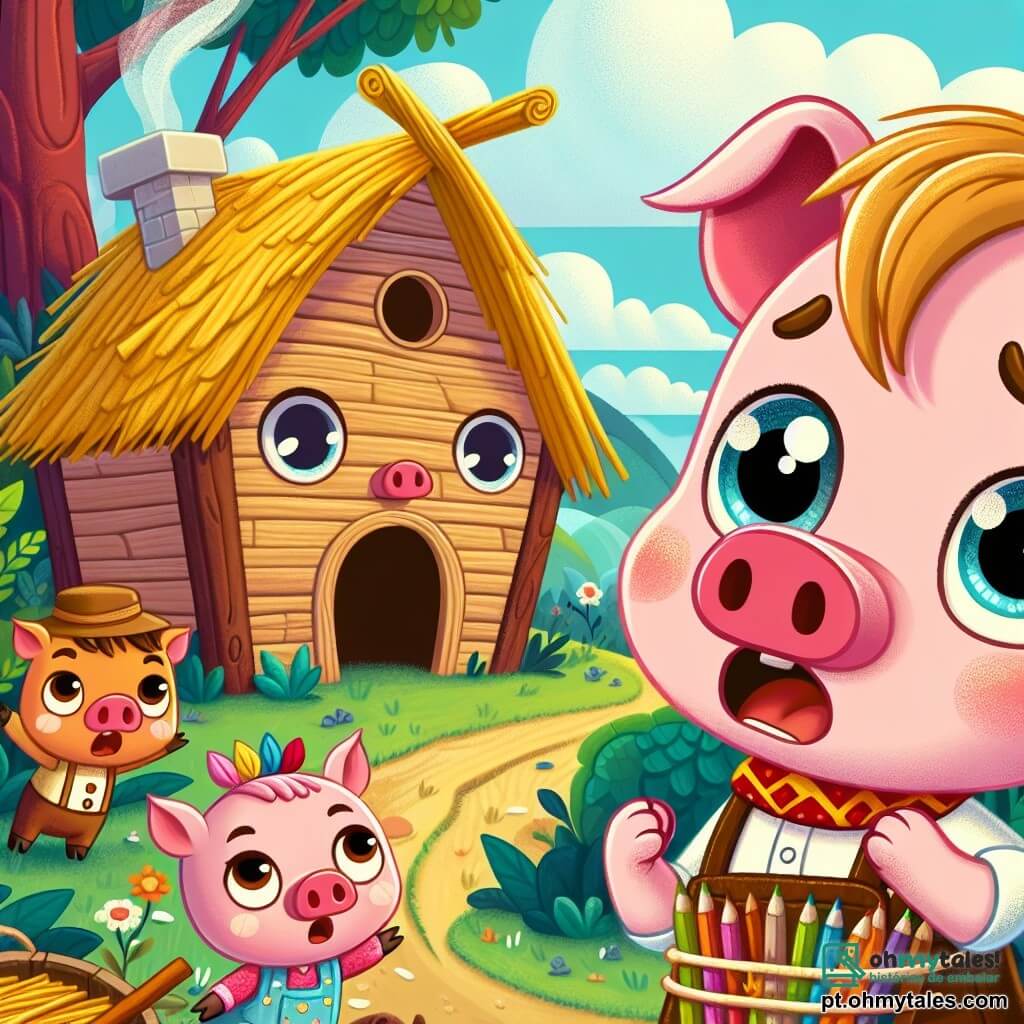 No centro da imagem, Pipo, um pequeno porquinho rosa com olhos brilhantes e bochechas redondas, expressa grande medo com suas orelhas em pé e boca aberta em um grito. Ele está diante de sua frágil casa de palha, que já está começando a voar com o vento. À sua direita, Lila, uma porquinha de pelos dourados e olhos travessos, observa com preocupação, suas patas levantadas como se quisesse proteger seu irmão. Ela usa um pequeno avental colorido, cheio de lápis e pincéis, e parece pronta para agir. Ao fundo, Tico, um porco robusto com listras marrons, se mantém firme diante da casa de madeira, com as patas fincadas no chão, exibindo uma expressão determinada. Ele grita palavras de incentivo para Pipo e Lila, pronto para defender seus amigos. O cenário é uma floresta encantada, com árvores de troncos largos e folhas de um verde vibrante, enquanto flores coloridas salpicam o chão. O céu é azul com algumas nuvens brancas fofas, acrescentando um toque de magia à cena. A situação principal mostra Pipo, Lila e Tico unidos diante do lobo ameaçador que se aproxima, pronto para soprar a casa de Pipo. O vento sopra forte, e a tensão é palpável, enquanto os três porquinhos se preparam para defender sua amizade e segurança.