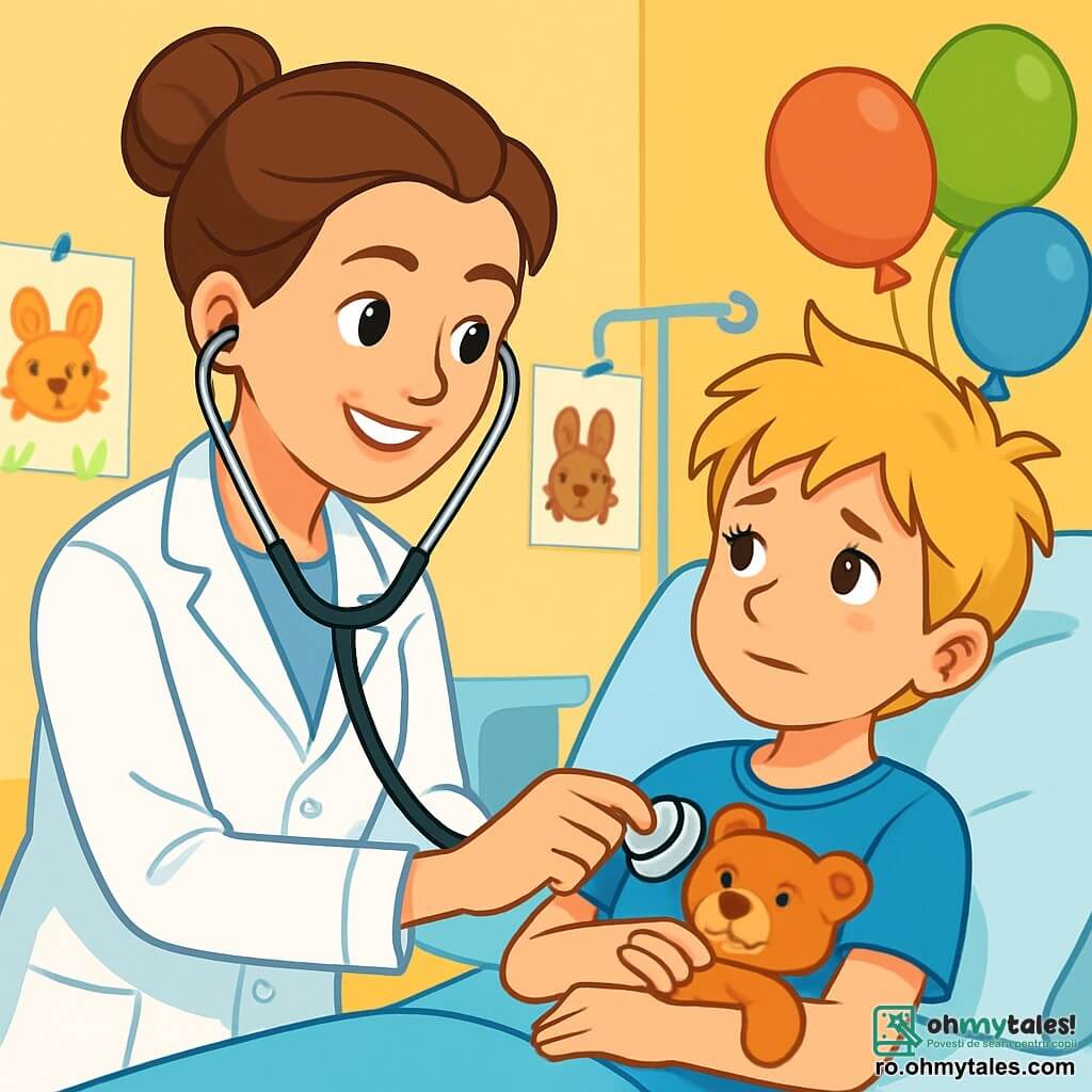 O doctoriță în vârstă de aproximativ treizeci de ani, cu părul brun prins în coc, poartă un halat alb strălucitor și un zâmbet cald. Ea ascultă inima unui băiat tânăr cu un stetoscop, iar fața ei exprimă concentrare și bunăvoință. Lângă ea, un băiat de zece ani, Andrei, are părul blond zbârlit și poartă un tricou albastru. El este întins pe un pat de spital, având un aer puțin îngrijorat dar ușurat, ținând o jucărie în brațe. Decorul este o cameră de spital luminoasă, cu pereți pictați în galben pastel, desene cu animale zâmbitoare agățate de pereți și baloane colorate plutind de tavan. Situația principală o arată pe doctoriță liniștindu-l pe Andrei după o cădere, explicându-i cu blândețe că nu are nimic grav, în timp ce el o privește cu admirație pe eroul său în halat alb.