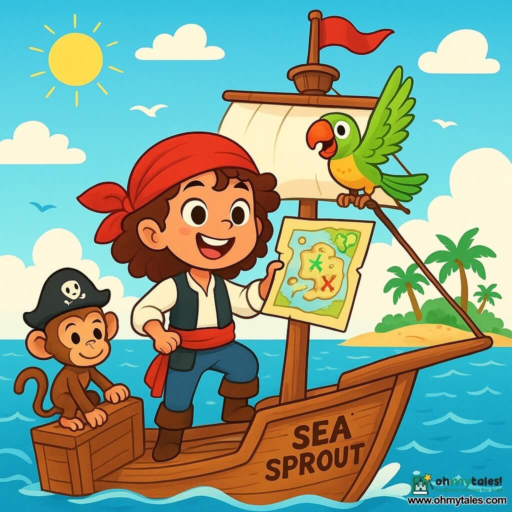 In the center of the image, a young pirate girl, Captain Willow Tiptoe, stands proudly on the deck of her ship, the Sea Sprout. She has curly, tousled, bright brown hair and wears a vibrant red bandana. Her face is lit up by a big smile, showing her determination and enthusiasm. She holds a colorful treasure map, her eyes sparkling with excitement. Next to her, Milo, a mischievous little monkey, is climbing on a crate, looking curious and amused. He has light brown fur and wears a small pirate hat. A bit further away, Patch, a parrot with green and yellow feathers, is perched on the mast, joyfully singing, his wings spread, adding a splash of bright color to the scene. The backdrop features a beautiful blue ocean with shimmering waves under a sunny sky dotted with a few white clouds. In the background, Driftwood Island looms, covered in driftwood and palm trees, with birds flying around. The main scene shows Willow and her crew preparing for a new adventure, with wooden planks around them, ready to be used to build rails on the deck, while a gentle breeze makes the ship's sails flutter.
