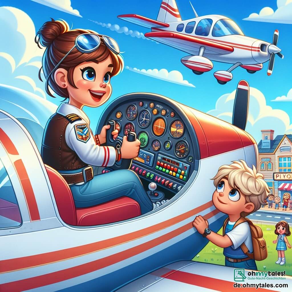 Die Pilotin Clara sitzt im Cockpit ihres kleinen rot-weißen Flugzeugs und lächelt breit. Sie trägt eine elegante Pilotuniform, Sonnenbrillen auf der Stirn und hat ihre braunen Haare zu einem Dutt gebunden. Ihre Augen strahlen vor Aufregung, während sie die Steuerungen anpasst, bereit, den Himmel zu erobern. Ein etwa 8-jähriger Junge namens Max steht unten und blickt fasziniert zum Himmel. Er hat zerzauste blonde Haare und trägt ein blaues T-Shirt mit einem Flugzeugmotiv. Seine Arme sind erhoben, als wollte er ebenfalls fliegen. Das Cockpit ist voller bunter Knöpfe und glänzender Instrumente, während der Himmel draußen strahlend blau ist, durchzogen von weißen, fluffigen Wolken. Im Hintergrund sieht man eine kleine Stadt mit bunten Häusern, in der andere Kinder bewundernd zuschauen. Die Hauptsituation zeigt Clara, die mit ihrem Flugzeug abhebt, bereit, einem herannahenden Sturm am Horizont zu begegnen. Dunkle Wolken bilden sich in der Ferne, doch sie bleibt entschlossen und fröhlich, bereit für ein neues Abenteuer im Himmel.