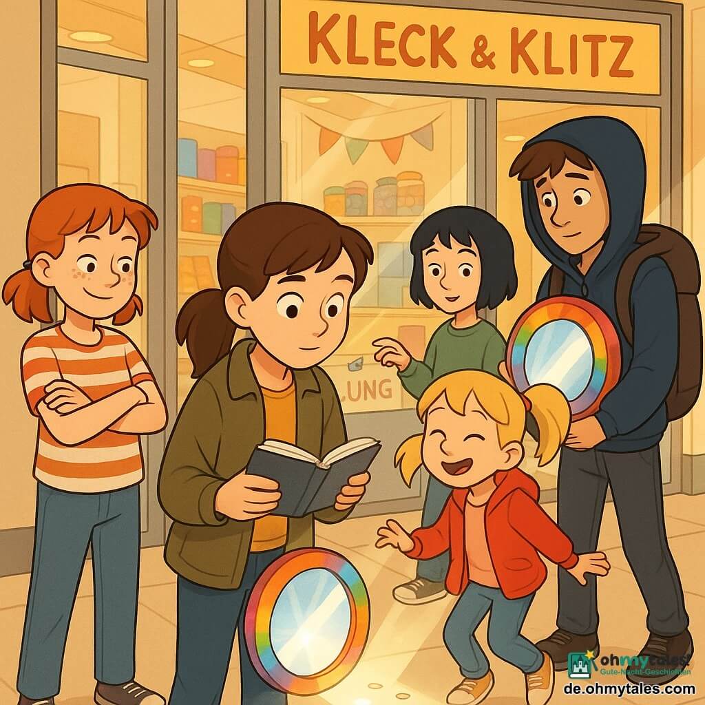 Fünf Kinder: Mina (ca. 11) mit braunem Pferdeschwanz und khakijacke hält ein kleines offenes Heft, konzentriert auf den Ausstellungsrahmen; Jule (ca. 11) mit Sommersprossen und gestreiftem T‑Shirt steht links mit verschränkten Armen, grinst und schaut auf Holzspäne am Boden; Lina (ca. 10) mit blonden Zöpfen und roter Jacke rechts springt leicht in einen Lichtfleck, den ein kleiner Spiegel erzeugt; Tessa (ca. 11) mit kurzem schwarzen Haar und grünem Pullover steht hinter Mina und zeigt auf einen blauen Faden am Schaufensterrand; Rafi (ca. 14) mit halb heruntergezogener Kapuze und großem Rucksack steht zurückhaltend rechts, hält beschwichtigend einen kleinen, regenbogenbunten Holzkreis mit Spiegel, in Tuch gewickelt. Ort: Schaufenster des kleinen Kunsthandwerksladens Kleck & Klitz in einer Einkaufspassage, sauberes Glas, Regale mit buntem Papier, Knopfgläser, Wimpelketten, glatter Boden, warmes Lampenlicht, teilweis sichtbares Schild „Ausstellung“. Situation: Die Kinder geben den bunt bemalten Holzring mit zentralem Spiegel zurück; die Farben werfen Lichtspiegelungen auf Boden und Gesichter; Stimmung freundlich, neugierig, erleichtert und amüsiert; Holzspäne und blauer Faden als Hinweise.