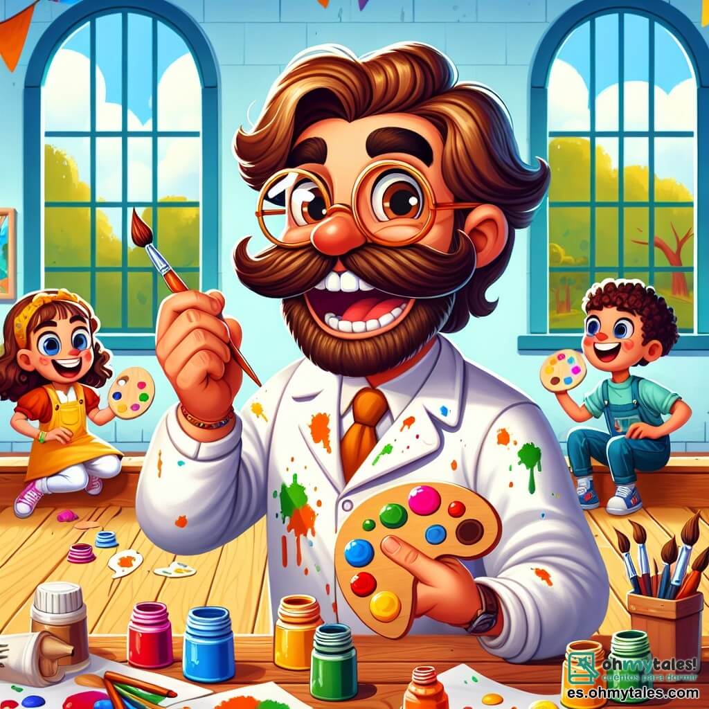 Un hombre alegre, Don Pablo, con un gran bigote marrón y gafas redondas, lleva una bata blanca manchada de pintura. Sonríe ampliamente, con los ojos brillantes de emoción, mientras sostiene un pincel colorido en una mano y una paleta de colores vivos en la otra. Alrededor de él, varios niños, chicos y chicas de 6 a 8 años, están sentados en el suelo de madera. Una niña de cabello rizado, con un vestido amarillo, mezcla colores en su paleta con una gran sonrisa. Un niño con gafas, vestido con una camiseta azul, observa atentamente a Don Pablo, fascinado por sus movimientos. El lugar es un taller luminoso, con grandes ventanas que dejan entrar la luz del sol. Las paredes están cubiertas de cuadros coloridos y hay botes de pintura esparcidos sobre mesas de madera. La situación principal muestra a Don Pablo enseñando a los niños cómo mezclar colores para crear nuevos tonos, todos riendo y divirtiéndose juntos en un ambiente alegre y creativo.