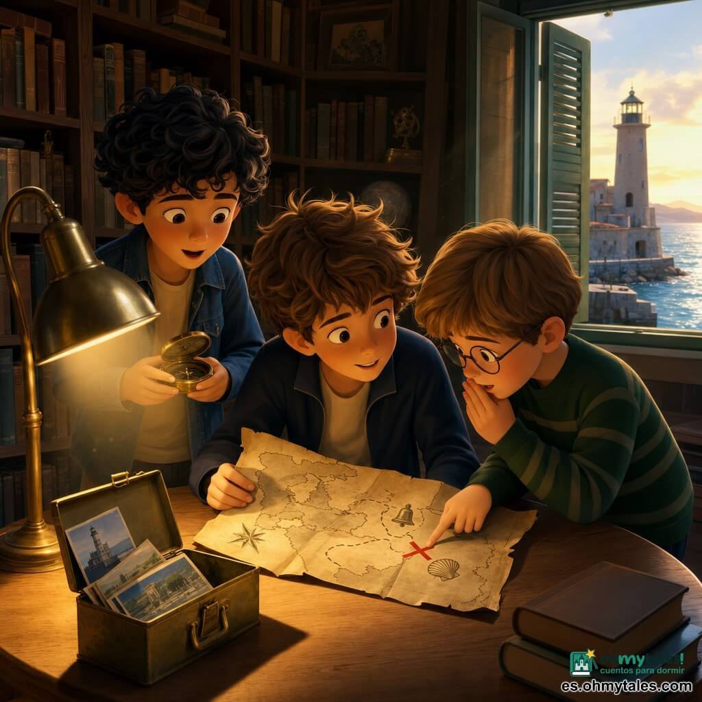 Hay tres niños: Leo (~10 años) de cabello castaño claro despeinado y chaqueta azul marino, inclinado sobre un plano viejo y arrugado en el centro de la mesa; Tomás (~9 años) de piel clara y gafas redondas con suéter verde a rayas, señalando en voz baja la cruz en la carta a la derecha de Leo; y Bruno (~11 años) de cabello negro rizado y chaqueta vaquera, mirando maravillado una brújula antigua, de pie detrás de ellos. Están en el interior de una vieja biblioteca de pueblo con estanterías de madera oscura y una mesa redonda clara iluminada por una lámpara de pantalla cálida; hay polvo visible en los rayos de luz, una caja de latón abierta con postales descoloridas sobre la mesa y una ventana con postigos que da al muelle y al faro. Los niños descubren un mapa antiguo en la mesa que muestra una X roja cerca de una concha, una campana y una pequeña estrella; la escena transmite asombro y misterio compartido.