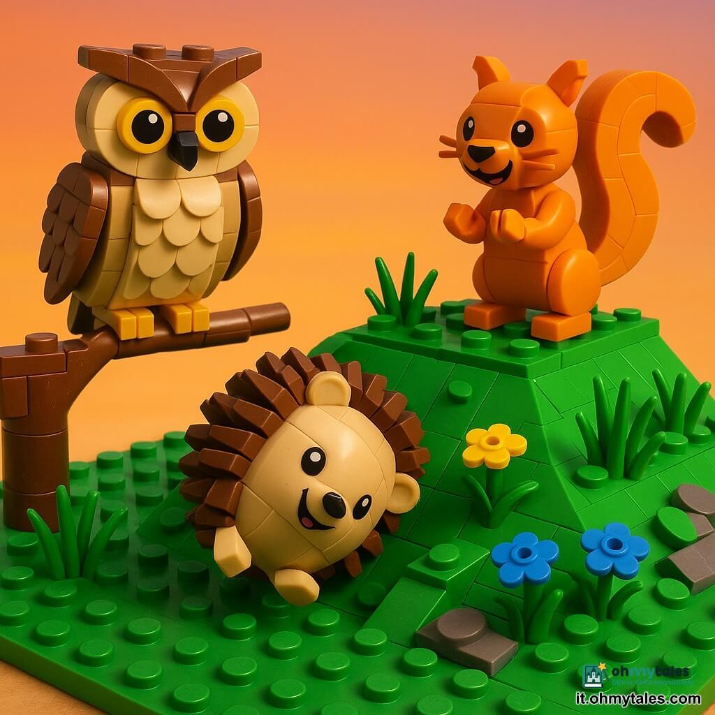 Un piccolo riccio LEGO chiamato Pippo, corpo rotondo, aculei marrone chiaro in piccole tessere appuntite, volto sorridente e occhi lucenti, che rotola dolcemente su un fianco con espressione fiduciosa e gioiosa. Un grande gufo LEGO di nome Olmo, piume scolpite in mattoncini beige e marrone, grandi occhi attenti, posato su un ramo a sinistra con sguardo benevolo e ali ripiegate. Uno scoiattolo LEGO amico, pelo arancione in mattoncini lisci, baffi e coda folta in mattoncini curvi, in cima alla collina a destra che applaude sorridendo entusiasta. La scena su una piccola collina erbosa di piastre verdi LEGO con ciuffi d'erba, fiori gialli e blu, qualche pietra grigia e un cielo al tramonto sfumato arancione-rosa sullo sfondo. Pippo rotola giù per la collina sotto gli sguardi incoraggianti di Olmo e dello scoiattolo, atmosfera calda, luce soffusa, composizione centrata e chiara per un bambino di 6 anni.