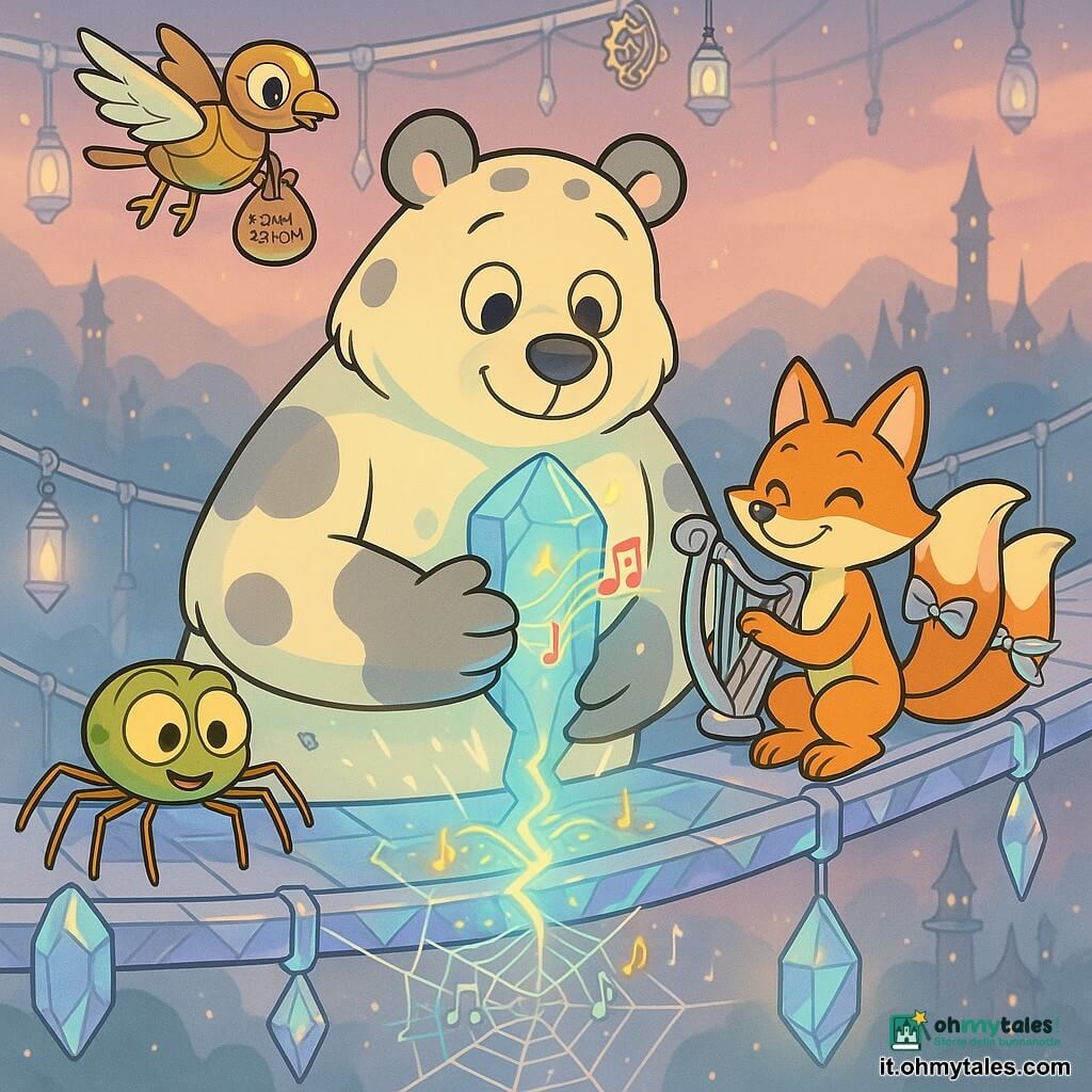 Un grande orso morbido tipo peluche vivente dal pelo crema macchiato di grigio, occhi tondi lucenti, espressione serena, tiene una piccola sciarpa ciano attorno a una lampada di cristallo premendola al petto; a destra una volpe musicale antropomorfa con tre code arancioni decorate da nastri argentati, sorridente, suona una piccola arpa d'argento seduta su una trave del ponte; a sinistra e leggermente avanti un ragno inventore amichevole dalle zampe sottili color rame e corpo verde pistacchio, tesse una tela brillante piena di note musicali tra due cristalli; sopra il gruppo un uccellino meccanico in ottone con ali traslucide porta un sacchetto di piccoli semi-sonori e svolazza; lo scenario è un grande ponte sospeso di cristalli e fili stellari con lampade di vetro pendenti ed ingranaggi dorati, sopra una valle nebbiosa e torri di legno e metallo illuminate; atmosfera dolce e luminosa in toni pastello caldi con riflessi argentati, cielo crepuscolare rosato e particelle luminose che fluttuano; la scena mostra i compagni che riparano delicatamente il ponte facendo cantare i cristalli, la musica visibile come onde colorate che ricuciono una crepa luminosa al centro del ponte.