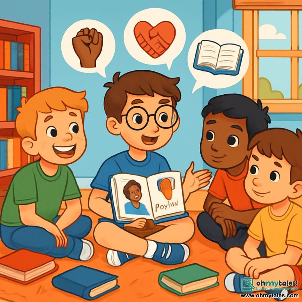 There are 4 children: - Sam: a 10-year-old boy with brown hair and glasses, wearing a blue t-shirt and beige shorts. He is sitting on a rug, surrounded by books, telling a story to his friends. - Aiden: a 9-year-old boy with blonde hair and freckles, dressed in a green t-shirt and jeans. He is sitting next to Sam, listening attentively with a big smile. - Malik: a 10-year-old boy with black hair and dark skin, wearing a red t-shirt and black pants. He is leaning forward, elbows on his knees, showing interest in the story. - Lucas: a 9-year-old boy with brown hair and fair skin, dressed in a yellow t-shirt and shorts. He is sitting cross-legged, his eyes shining with curiosity. The setting is a cozy room with light blue walls. Colorful bookshelves decorate the room, and a large fluffy rug is spread on the floor. A window lets in sunlight, illuminating the children's faces. The main scene shows the children enthusiastically discussing an inspiring story about Rosa Parks. They exchange ideas on the importance of kindness and justice, with determined expressions on their faces. Illustrations from open books and drawings of hearts and joined hands float around them, symbolizing their commitment to doing good.