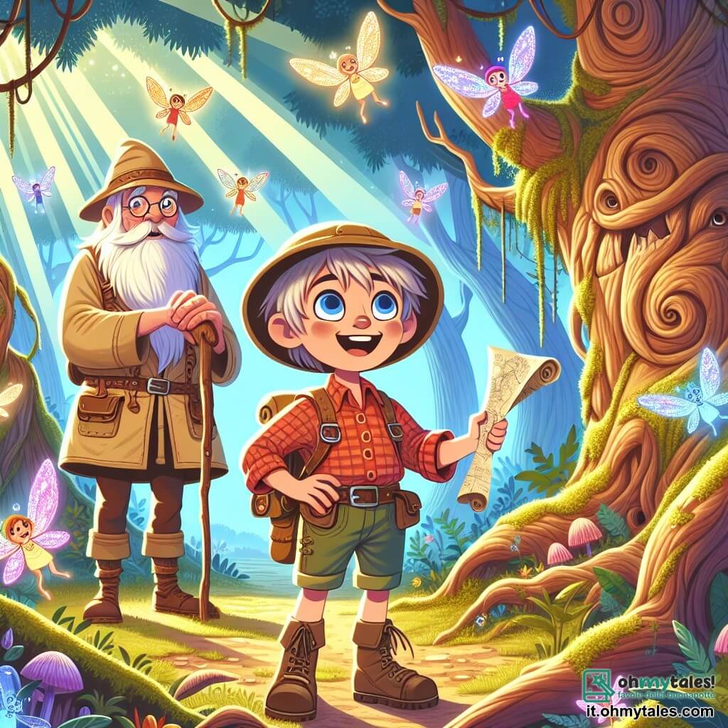 Un giovane di nome Luca, di circa 12 anni, si trova al centro dell'immagine, con occhi brillanti di eccitazione e un ampio sorriso sul viso. Indossa un cappello da esploratore beige, una camicia a quadri rossa e pantaloni robusti. Nella sua mano tiene una vecchia mappa del tesoro, mentre guarda con meraviglia un gruppo di piccole fate scintillanti che volano intorno a lui, illuminando l'aria con le loro ali colorate. Alla sua destra, Elio, un uomo di circa 60 anni con una lunga barba bianca e occhiali tondi, osserva la scena con un sorriso benevolo. Indossa una tunica in pelle usurata e tiene un bastone da passeggio, pronto a guidare Luca nella sua avventura. Il contesto è una foresta incantata, con alberi giganti e foglie verdi brillanti. Raggi di sole filtrano attraverso il fogliame, creando motivi di luce sul terreno coperto di muschio. Fiori colorati e funghi dalle forme strane punteggiano il suolo, aggiungendo un tocco di magia all'ambiente. La scena principale mostra Luca, meravigliato, mentre scopre le fate nella foresta incantata, mentre Elio lo osserva con orgoglio, pronto ad aiutarlo in questa nuova fase della sua avventura.