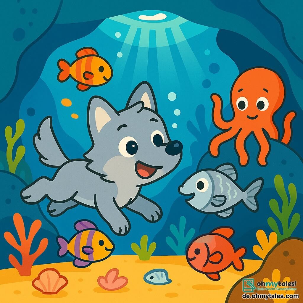 Ein neugieriger kleiner Wolf namens Luca mit einem weichen, seidigen, hellgrauen Fell schwimmt fröhlich in kristallklarem Wasser, seine Augen leuchten vor Freude und Aufregung. Er erkundet die Wunder der Unterwasserwelt, umgeben von bunten Fischen, die um ihn herumtanzen. Neben ihm springt ein kleiner silberner Fisch namens Finn mit schimmernden Schuppen und einem freundlichen Lächeln enthusiastisch voran und zeigt den Weg zu einer geheimnisvollen Höhle. Ollie, ein großer und freundlicher Tintenfisch, taucht hinter einem Felsen auf, seine Arme sanft im Wasser schwingend, mit einem schüchternen, aber neugierigen Ausdruck. Die Szenerie ist eine wunderschöne Unterwasserhöhle mit lebhaft gefärbten Korallen, Lichtstrahlen, die durch das Wasser filtern und schimmernde Muscheln auf dem sandigen Grund beleuchten. Die Hauptsituation zeigt Luca, Finn und Ollie, die sich zum ersten Mal treffen, alle voller Aufregung und Neugier, bereit, gemeinsam ein unvergessliches Abenteuer in dieser bezaubernden Unterwasserwelt zu erleben.
