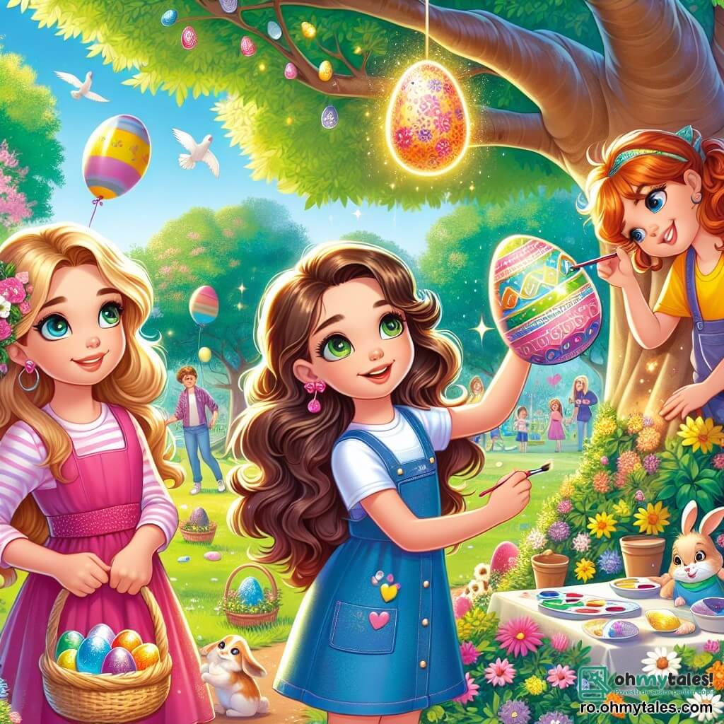 Într-un parc însorit, trei fete de 12 ani stau împreună, înconjurate de flori colorate și copaci verzi. Emma, cu părul lung și brunet și ochii verzi strălucitori, poartă o rochie roz și zâmbește fericită ținând un ou de Paște strălucitor. Lângă ea, Mia, cu părul blond și creț, este îmbrăcată într-o tunică albastră și desenează motive pe un ou cu culori vibrante. Sara, cu părul castaniu prins într-o coadă de cal, poartă un tricou galben și privește cu uimire un ou magic care strălucește la soare, așezat lângă un copac mare. Parcul este plin de râsete de copii, cu ouă de Paște colorate ascunse în iarba verde și baloane plutind în cerul albastru. La distanță, familii se adună în jurul meselor decorate cu dulciuri de Paște. Emma, Mia și Sara pregătesc o vânătoare de ouă magică, în timp ce un iepuraș de Paște, cu blană moale și ochi jucăuși, se apropie de ele, gata să dezvăluie un secret magic care va face această zi de neuitat.