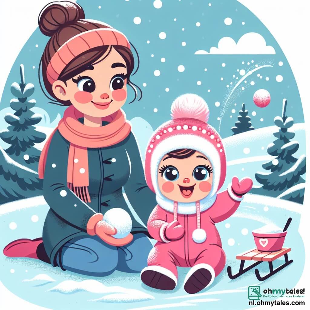 Een meisje van 1 jaar, met grote heldere ogen en roze wangen, zit in de sneeuw. Ze draagt een roze sneeuwpak met een pomponmuts en glimlacht vrolijk terwijl ze sneeuw in de lucht gooit. Naast haar staat haar moeder, een vrouw van ongeveer 30 jaar met kastanjebruin haar in een knot en een blauwe jas. Ze kijkt met een tedere glimlach naar haar dochter terwijl ze een kleine rode slede vasthoudt. De achtergrond is een besneeuwde heuvel onder een heldere blauwe lucht, met zachte vallende sneeuwvlokken. Groene dennenbomen omringen de heuvel en voegen een vleugje magie toe. Het meisje speelt vrolijk in de sneeuw, lacht luid terwijl ze sneeuwballen gooit, terwijl haar moeder liefdevol aanmoedigt, wat een vrolijke winterse scène creëert.