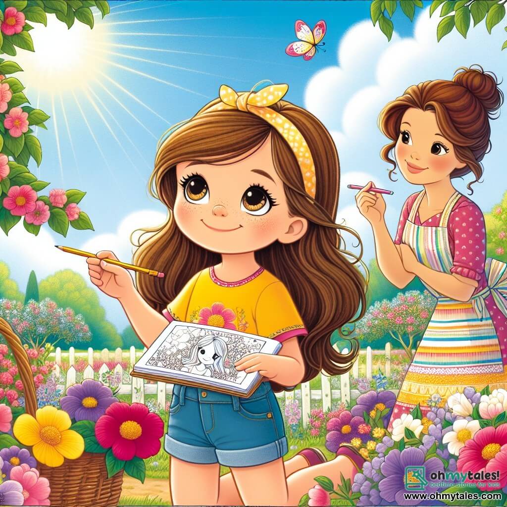 A 10-year-old girl, Lucy, with long brown hair and sparkling curious eyes, is crouched in a flower garden, a radiant smile on her face. She wears a bright yellow t-shirt and denim shorts, holding a sketchbook in one hand and a pencil in the other, ready to draw the pretty flowers around her. Next to her, her mother, a woman in her thirties with brown hair tied in a bun, watches kindly, wearing a colorful apron and holding a basket of fruit. She stands near a flowering tree, encouraging Lucy to explore. The garden is a true spring tableau, filled with vibrant flowers, fluttering butterflies, and a clear blue sky dotted with fluffy white clouds. Sunlight illuminates the landscape, creating a joyful and welcoming atmosphere. The main scene shows Lucy drawing flowers and insects in her sketchbook, amazed by the beauty of nature awakening after winter, while her mother encourages her and shares this moment of discovery.