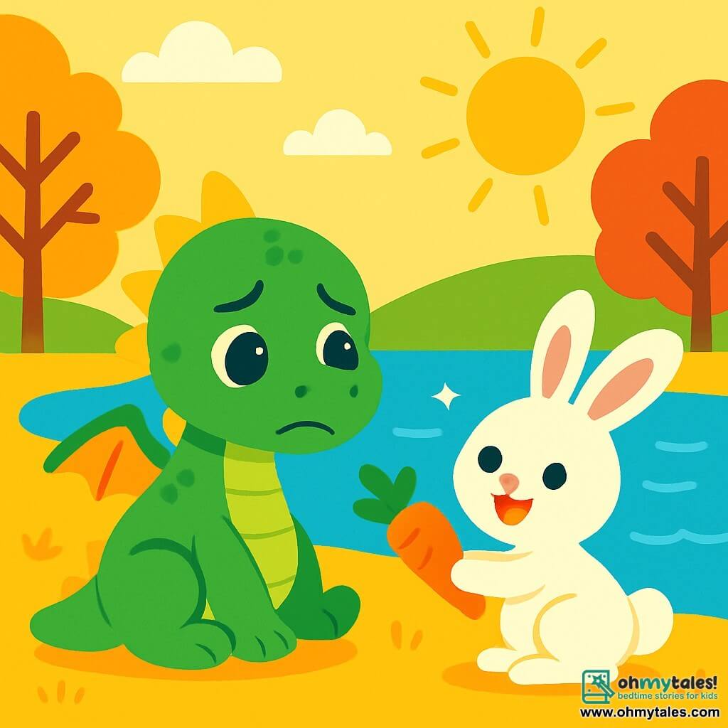 A small, sweet, and cute dragon named Sunny, with shiny green scales and sparkling sad eyes, sits by a large blue lake, watching the waves. Next to him, a cheerful rabbit with big white ears and silky fur, named Floppy, smiles and tries to comfort Sunny by offering him an orange carrot. The landscape is filled with trees with colorful leaves, and sunlight dances on the sparkling water. Sunny feels lonely and dreams of adventures with his friends, while Floppy is determined to cheer him up by playing together near the lake.