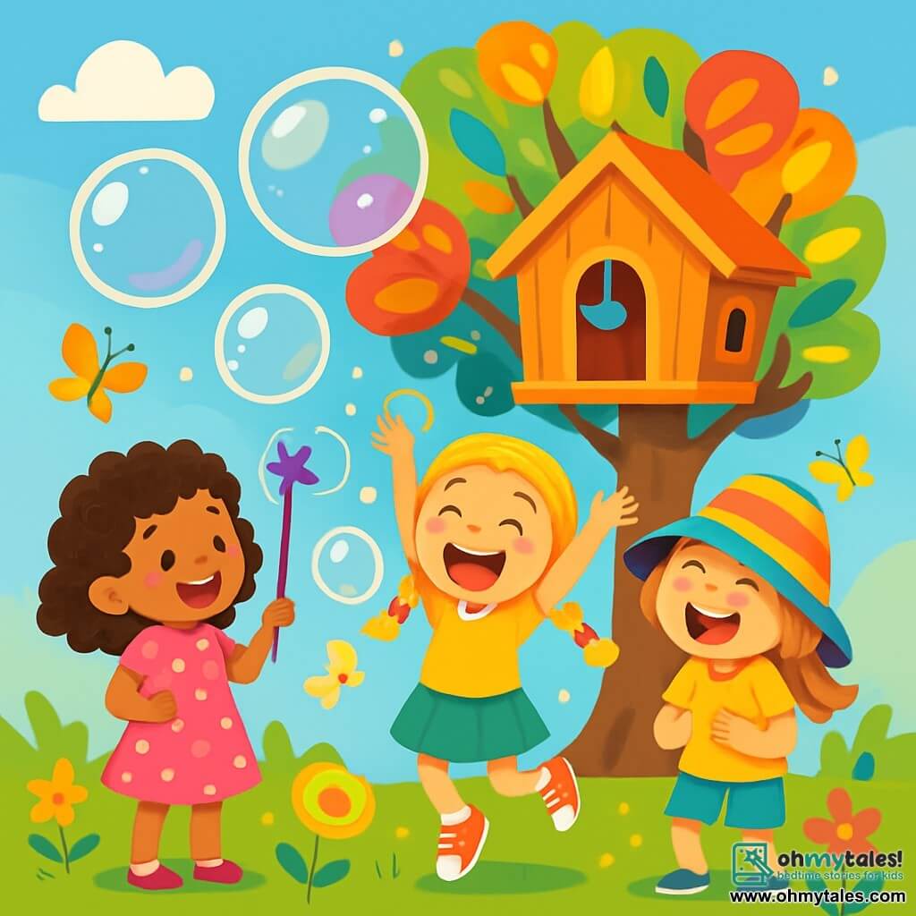 There are three characters: Mia, a 6-year-old girl with springy curly hair wearing a pink polka dot dress, holding a purple magic wand; Lily, a 6-year-old girl with a large striped hat that falls over her eyes, wearing a yellow t-shirt and blue shorts, laughing at bubbles; and Zoe, a 6-year-old girl with blonde braids, wearing a green skirt and red sneakers, jumping with joy among the bubbles. The three friends are in their magical tree, a large treehouse in a tree with multicolored leaves, surrounded by vibrant flowers and butterflies flying around. The sky is blue with fluffy clouds, and colorful bubbles float in the air, bursting with laughter. The main scene shows the girls surrounded by giant bubbles that pop with laughter as they try to control their magic wand that creates bubbles. The atmosphere is joyful and playful, filled with bright colors and contagious laughter.