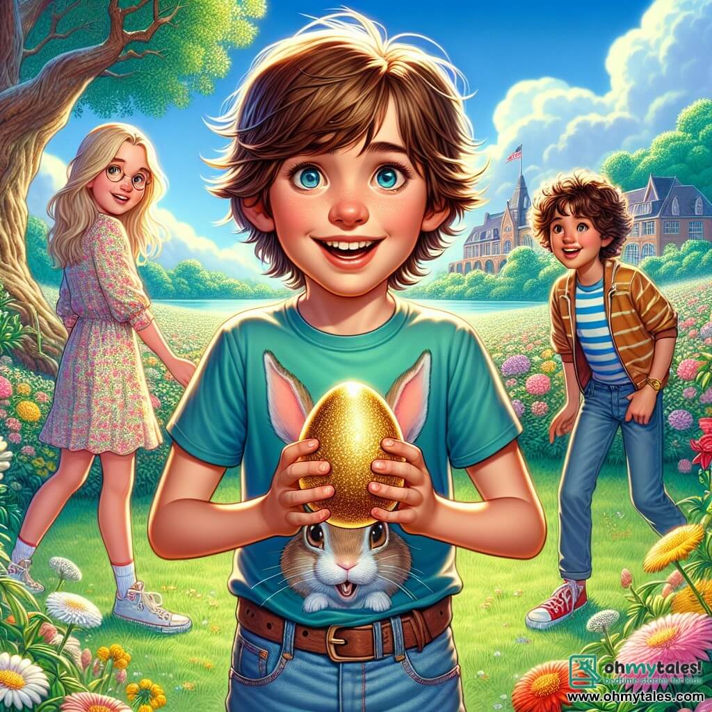 A 12-year-old boy, Leo, stands at the center of the image with messy brown hair and curious sparkling eyes. He wears a colorful t-shirt with a bunny pattern and denim shorts, displaying a wide smile of excitement as he holds a shimmering golden egg in his hands. Next to him is his best friend Mia, a 12-year-old girl with long blonde hair, wearing a floral dress and looking at Leo in awe, her eyes shining with joy. Slightly behind, Sam, a 12-year-old boy with curly hair and a striped t-shirt, smiles while pointing at a majestic oak tree, as if he has a brilliant idea. The scene takes place in a blooming garden filled with colorful flowers and lush bushes, under a clear blue sky dotted with fluffy white clouds. In the distance, a school can be seen in the background, adding life to the environment. The main situation shows Leo and his friends discovering the mysterious golden egg, surrounded by an atmosphere of adventure and magic, ready to solve puzzles and embark on an unforgettable treasure hunt.