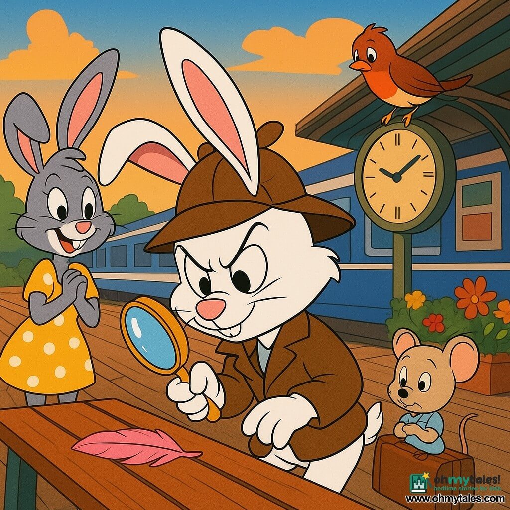 A young white detective rabbit with large pink ears wearing an oversized brown detective hat and holding a shiny magnifying glass examines a pink feather on a varnished wooden bench with a focused, mischievous expression; behind him to the left a gray rabbit friend in a yellow polka-dot dress claps and smiles, to the right a small beige mouse named Tilly cuddles a glove like a pillow on a suitcase with a shy, apologetic look, and a red-and-brown robin perches on the station clock tilting its head; the retro train platform features wooden planks, a large round clock with black hands, colorful posters, bright flower pots, a blue-and-white train in the background, warm late-afternoon light, saturated colors, clean outlines, and a 1990s cartoon style centered on the bench with playful details.