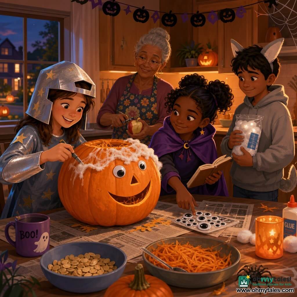 12-year-old girl, joyful and focused, brown mid-length hair under a silver cardboard helmet painted with stars and shiny silver sleeves, holding a carving knife and smiling at a large orange pumpkin; friend Imani, 12, curious and mischievous in a floating purple cape with a notebook, pointing at a pack of googly eyes and laughing softly; Grandma Jo, about 65, with a gentle wrinkled face and floral apron, behind a wooden table peeling an apple and watching indulgently; Leo, about 12, shy and relieved in a gray hoodie with paper ears and a homemade tail, holding cotton and spare googly eyes beside the table; warm dusk kitchen with soft yellow light, a wooden table covered in newspapers, bowls of pumpkin seeds and subtle Halloween decor, window showing a pumpkin-lined street; the children are turning a large pumpkin into a friendly lantern—cutting in progress with orange pulp strands, seeds in a bowl, cotton stretched like "lace" on the pumpkin's head and googly eyes ready, creating a conspiratorial, luminous scene with sharp textures and warm/cool contrasts.