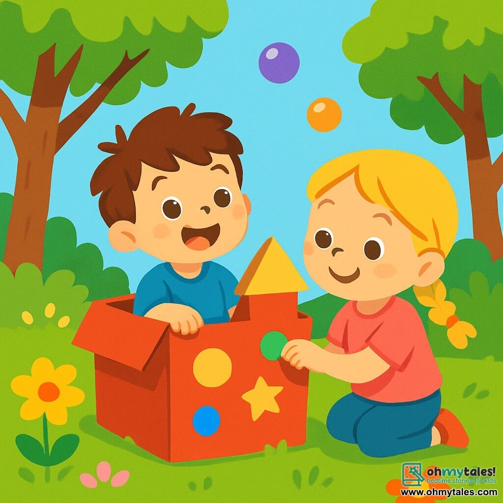 A 2-year-old boy with messy brown hair and sparkling eyes is sitting in a large red-painted cardboard box, smiling with wonder. Next to him, a 3-year-old girl with braided blonde hair and a pink t-shirt is decorating the box with colorful stickers, looking at her friend with a big smile. The setting is a sunny garden filled with vibrant flowers, green grass, and tall trees with shiny leaves under a clear blue sky. The main scene shows the boy and girl building a cardboard rocket, imagining they are flying to the stars, surrounded by colorful bubbles floating in the air.