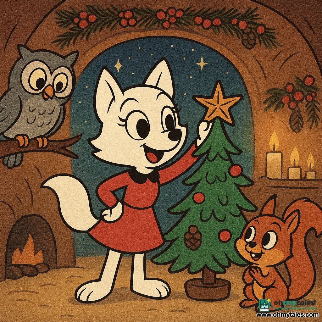 In the center of the image, Lila, a small wolf with snow-white fur, joyfully stands in front of a small pine tree. Her eyes shine with excitement as she places a golden star made of twigs on the tree's top. To her right, Rocky, a squirrel with red fur and a bushy tail, watches in wonder, his small paws clasped in front of him. To Lila's left, Flap, an owl with gray feathers and large round eyes, observes the scene from a low branch, nodding in approval. The background shows the interior of a cozy den, decorated with shimmering pinecone garlands and red berry strings, illuminated by the soft glow of candles. The scene exudes a festive and friendly atmosphere under a starry sky visible through the den's entrance.