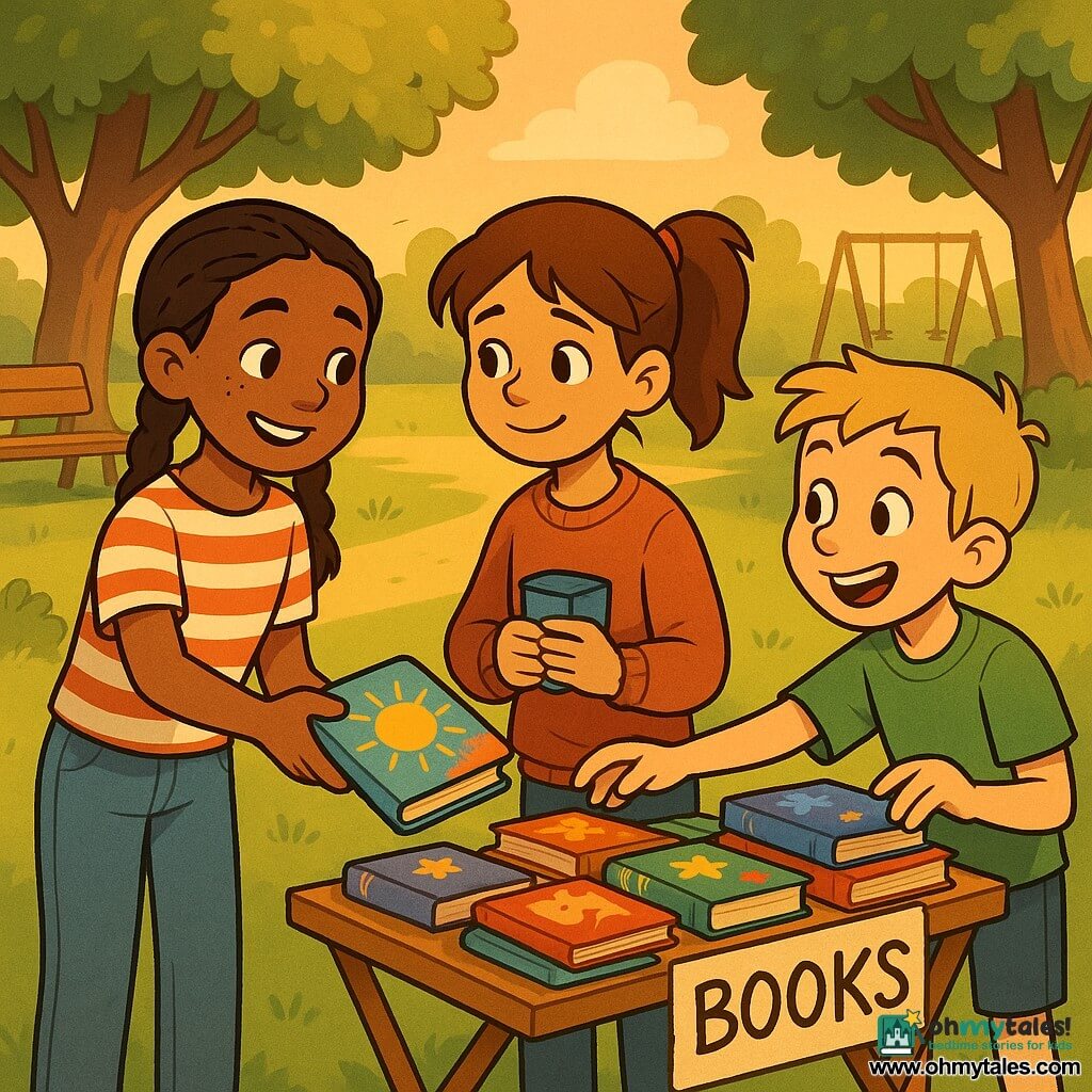 The scene shows Maya, a smiling confident 10-year-old with braided brown hair and freckles, offering a colorful book; Lily, about 10, shy but cheerful with brown hair in a ponytail and a worn sweater, holds a small snack box and looks at Maya gratefully; an 11-year-old blond boy in a green T-shirt stands to the right, eagerly taking a book from a small wooden folding table covered in brightly colored books with handwritten labels. It's late afternoon in a park with green grass, a few trees, a bench and blurred swings, warm golden sunset light, long shadows, shared smiles, and an atmosphere of solidarity and sharing.