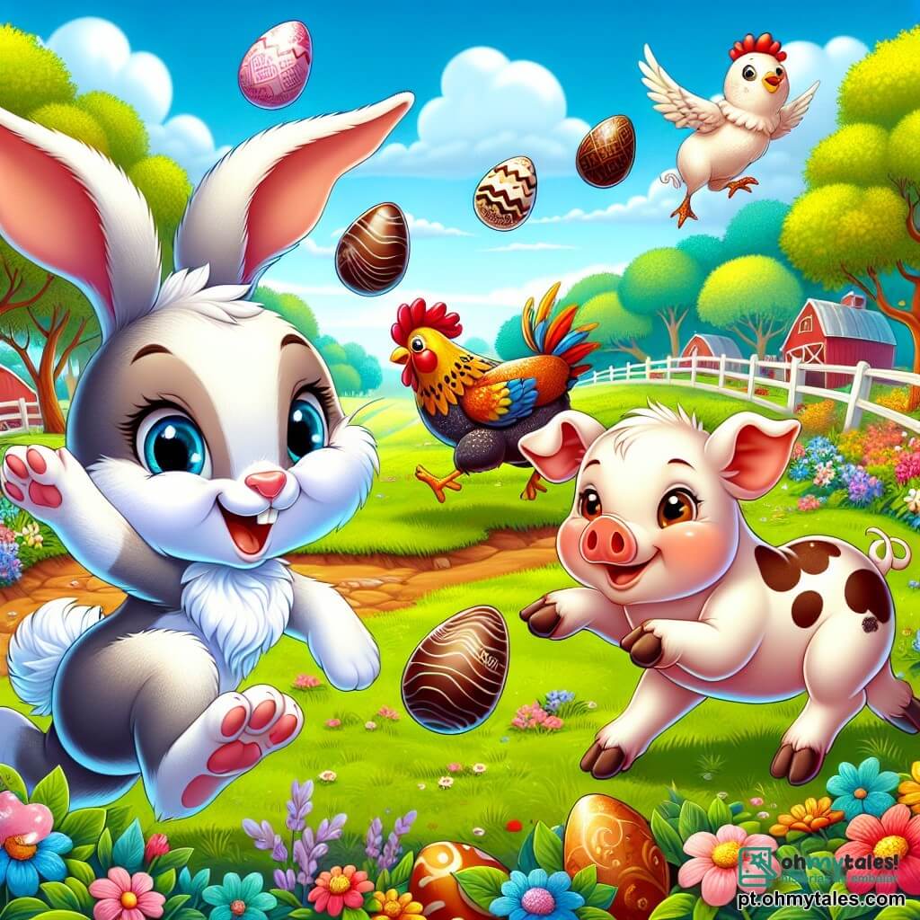 Um coelho chamado Curioso, com grandes orelhas, pelagem branca e olhos brilhantes de malícia, salta alegremente no meio de uma fazenda colorida, com um grande sorriso no rosto. Ao seu lado, uma galinha pintadinha, com penas coloridas e um ar divertido, lança ovos de chocolate ao ar, enquanto um leitão sorridente, com a barriguinha redonda e bochechas rosadas, se prepara para pegar os ovos que caem. Ao fundo, uma pradaria verde se estende, salpicada de flores vibrantes e árvores com folhas douradas, sob um céu azul brilhante. A cena representa uma competição divertida onde os animais competem em uma corrida hilária de ovos de chocolate, cheia de risadas e alegria.