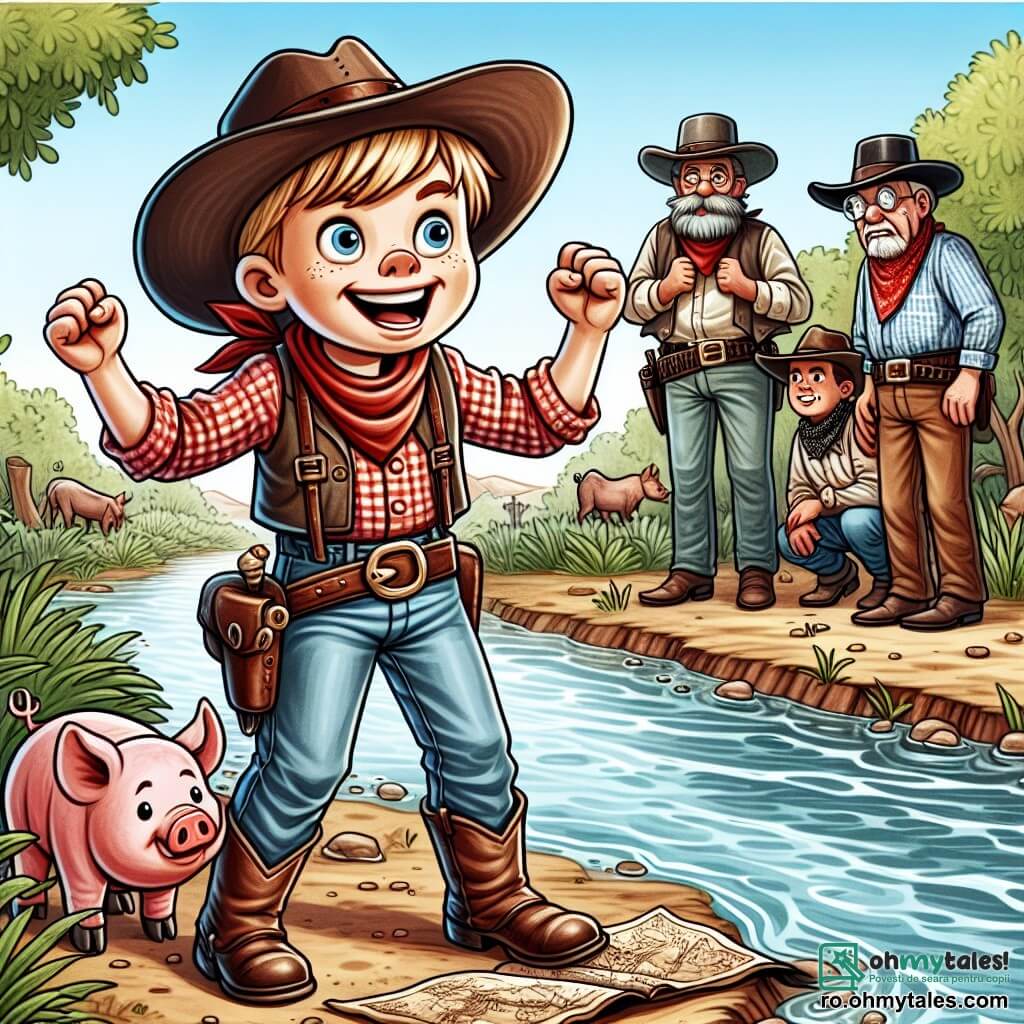 Un cowboy pe nume Jack, un băiat de aproximativ 12 ani, stă pe marginea unui pârâu strălucitor, cu ochii plini de determinare și un zâmbet larg pe față. Poartă o pălărie de cowboy uzată, o cămașă cu carouri roșii și o pereche de blugi, în timp ce porcul său fidel, Rufus, stă lângă el, privind cu curiozitate apa. Aproape, un grup de cowboys, toți bărbați de vârstă mijlocie, stau în cerc, având un aer îngrijorat. Unul dintre ei, un cowboy cu o mustață mare și un bandana roșu în jurul gâtului, arată spre o hartă veche pe care o ține în mâini, în timp ce ceilalți îl ascultă atent, cu fețele marcate de anxietate. Peisajul este unul sălbatic din Vestul Sălbatic, cu coline aurii sub un cer albastru strălucitor, presărat cu nori albi pufoși. Cactuși și stânci se ridică în jurul lor, în timp ce o briză ușoară face iarba să danseze. Situația principală îl arată pe Jack, plin de curaj, ridicând brațele în aer și strigând de bucurie după ce a descoperit o hartă a comorii ascunsă în iarbă, în timp ce Rufus, porcul, stă la picioarele lui, având un aer excitat, iar cowboys-l observă cu expresii de surpriză și speranță.