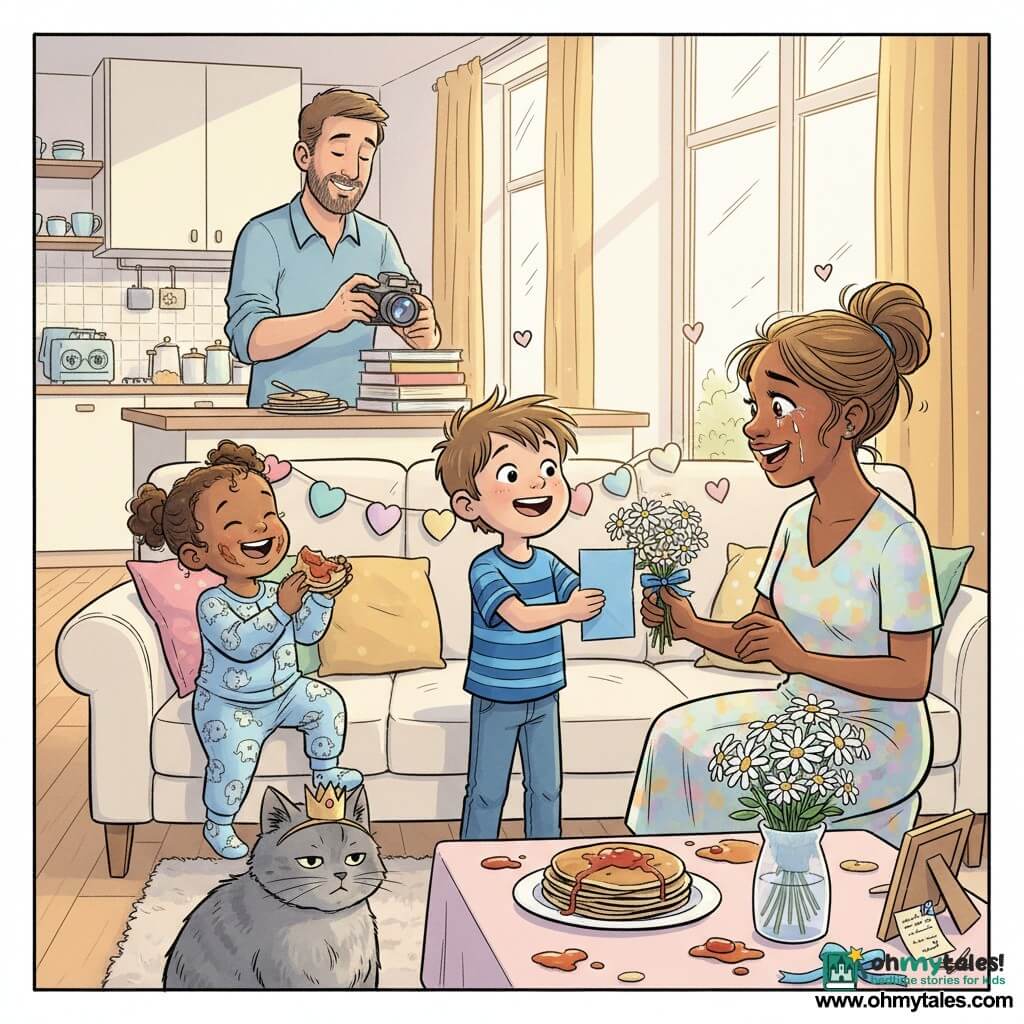 An 8-year-old boy, smiling and proud with tousled brown hair, wearing a striped blue T‑shirt and jeans, holds a folded blue card and a small bunch of daisies tied with a blue ribbon, reaching out to his mother who, about 35, with chestnut hair in a messy bun and a pastel comfortable dress, stands before him with shining eyes and a big smile as she discovers the surprise; the toddler sister, 1–2 years old in elephant-patterned pajamas, sits on the left of the sofa laughing with a piece of pancake and jam on her cheek; the father, about 35–40, with light beard and a casual shirt, stands near the kitchen in the background by a camera on a stack of books ready to trigger the timer; the large grey cat Mr. Paws wears a silly crown headband and sits on the coffee table looking indifferent; the bright living room has large windows with golden sunlight, a cream rug, stacked colorful cushions, a paper heart garland leading to the sofa, and a small table with pancakes and a vase of daisies—the main scene is the Mother's Day surprise reveal: the boy offering the card and flowers, the mother moved and smiling, the little sister clapping, the father preparing the photo, warm, colorful, and full of affectionate details.