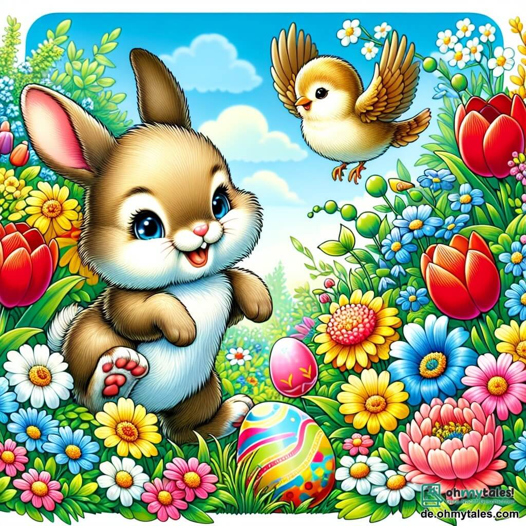 Ein kleiner Hase mit großen Ohren, weichem braunem Fell und neugierigen Augen springt fröhlich in einem bunten Garten, umgeben von leuchtenden Blumen. Er lächelt breit, begeistert von der Schönheit des Frühlings. In der Nähe sitzt ein lebhaft gefärbter Vogel, gelb und blau, auf einem Ast und singt fröhlich, während er den Hasen freundlich anblickt. Der Garten ist voller Blumen in allen Farben, von roten Tulpen bis zu weißen Gänseblümchen, unter einem hellblauen Himmel mit sanften, flauschigen Wolken. Der kleine Hase entdeckt ein buntes, in der Sonne schimmerndes Ei, das sanft auf dem grünen Gras liegt und den Frühling sowie die Freude auf bevorstehende Feierlichkeiten symbolisiert.