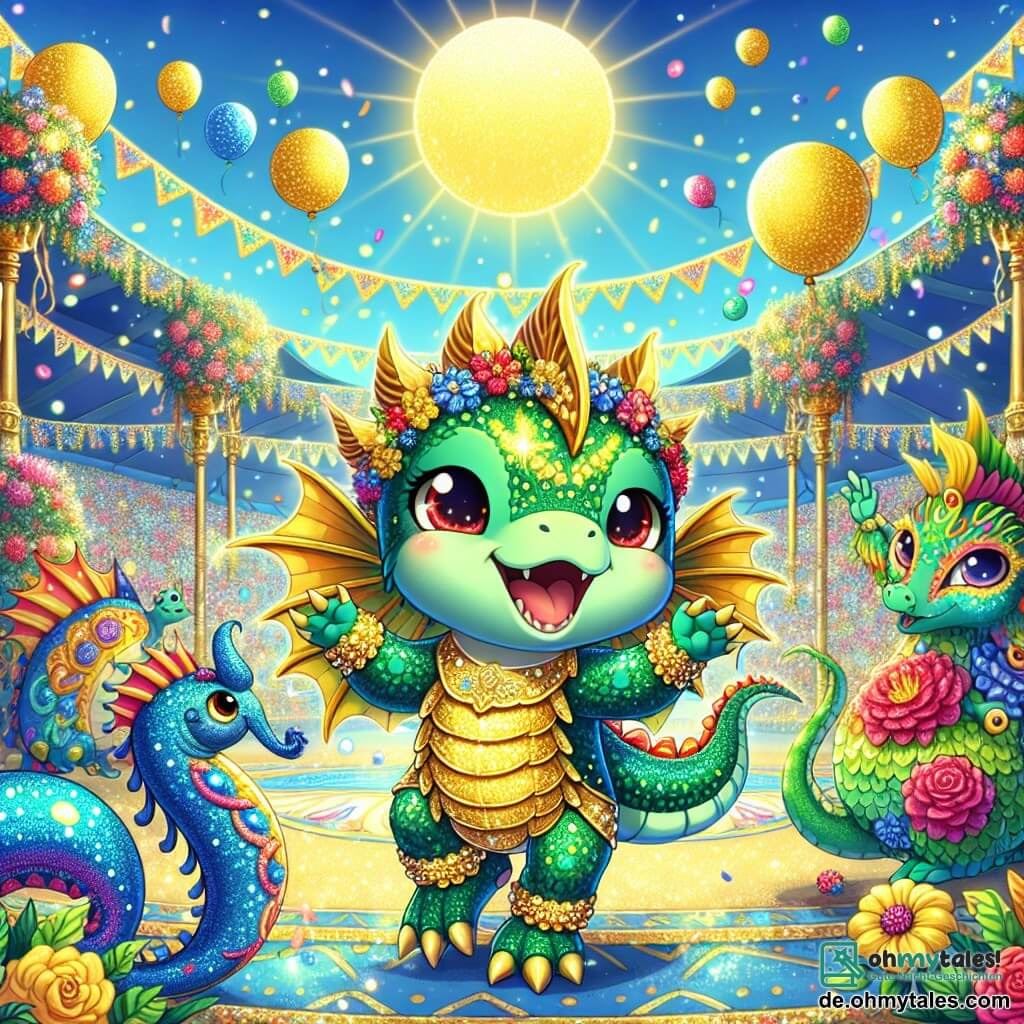 Ein kleiner grüner Drache mit glänzenden Schuppen und funkelnden roten Augen steht im Zentrum der Szene, strahlt Freude und Stolz aus und trägt ein glitzerndes goldenes Kostüm, das die Sonne evoziert. Er tanzt enthusiastisch mit ausgebreiteten Flügeln und erhellt die festliche Atmosphäre um ihn herum. Zu seiner Rechten lächelt ein leuchtend blauer Drache mit schimmernden Schuppen und Fischflossen aufgeregt, während er mit Wasserblasen spielt, die um ihn herum schweben. Zu seiner Linken dreht ein grüner Drache mit bunten Blumen, der glücklich und stolz wirkt, seine Blumenkrone und fügt der Szene einen Hauch von Natur hinzu. Die Kulisse ist ein großer festlicher Raum, gefüllt mit bunten Girlanden, schwebenden Ballons und strahlenden Blumen, unter einem klaren blauen Himmel, wo die Sonne intensiv scheint. Die Hauptsituation zeigt die Drachen, die ihr Karnevalsspektakel präsentieren, gemeinsam tanzen und singen, die Magie der Natur und Freundschaft feiern, während das Publikum begeistert applaudiert.