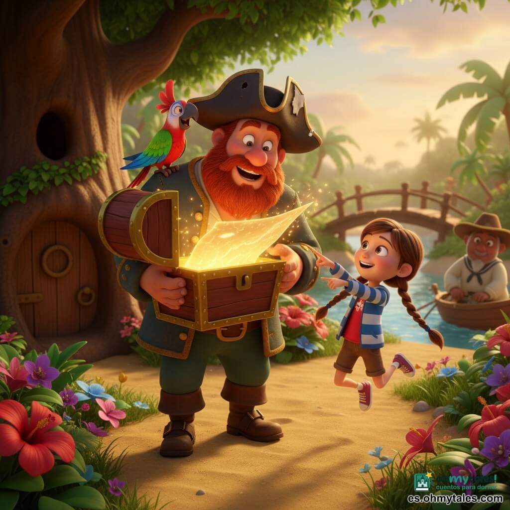 El personaje principal es el capitán Pipo: hombre robusto con barba pelirroja espesa, gran sombrero de pirata abollado, sonrisa entusiasta y ojos brillantes; sostiene un cofre dorado abierto con una mano y contempla un mapa luminoso con asombro. A su derecha está Lila, niña de unos 8 años con dos largas trenzas castañas, chaqueta a rayas y pantalón corto, saltando de alegría y señalando el mapa mágico. En el hombro izquierdo del capitán está el loro Toby, plumaje verde, rojo y azul, cresta levantada y pico abierto como si hablara o riera. La escena ocurre en una pequeña claro de una isla tropical: arena dorada, palmeras altas, flores coloridas, un gran árbol hueco con una puerta de madera al fondo y un puente de madera a lo lejos. Acaban de abrir el cofre y descubren un mapa que brilla con luz dorada; ambiente alegre y aventurero, luz cálida de final de la tarde, colores vivos y texturas suaves y redondeadas aptas para niños pequeños.