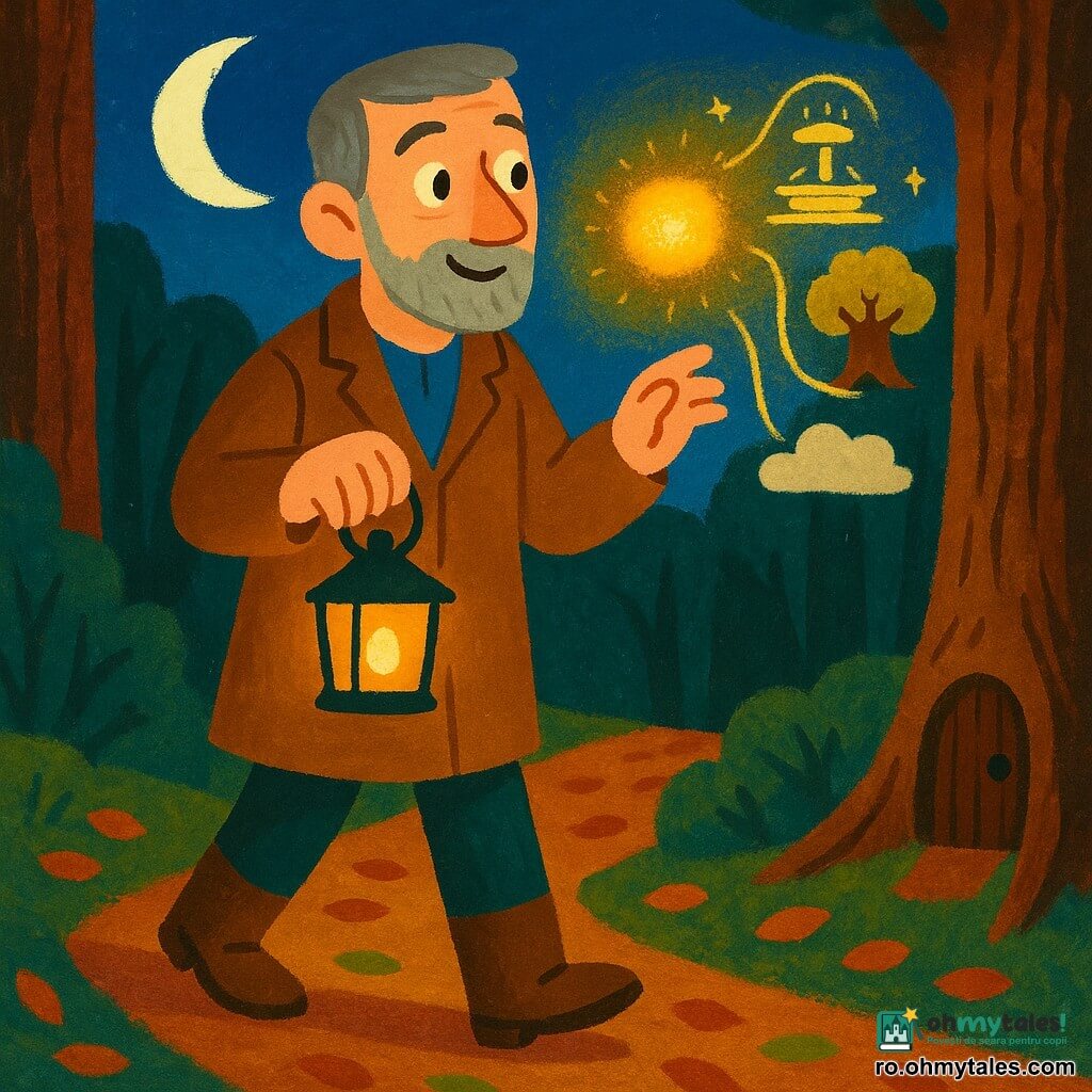 Un bărbat înalt și blând, cu barbă scurtă gri, palton maro și cizme din piele, ține o lanternă mică care proiectează o lumină caldă și rotundă; are fața emoționată, ochi uimiți și zâmbet calm. O mică scânteie aurie plutitoare, ca o bilă de lumină pufoasă, strălucește la înălțimea mâinii sale drepte și se rotesc în aer, emana scântei fine. Luna în semilună, albă și netedă, strălucește jos la orizont în spatele lor. Poteca este o alee forestieră acoperită de frunze roșcate și verde mușchi, mărginită de trunchiuri texturate și de un copac vechi cu o ușă rotundă sculptată. Scena îl arată pe bărbat privind scânteia care indică trei semne desenate în aer dintr-un fir de lumină: o fântână de piatră, un copac cu ușă și un nor jos; atmosfera este feerică, blândă, cu culori calde și contrastante, tușe vizibile și texturi acrilice.